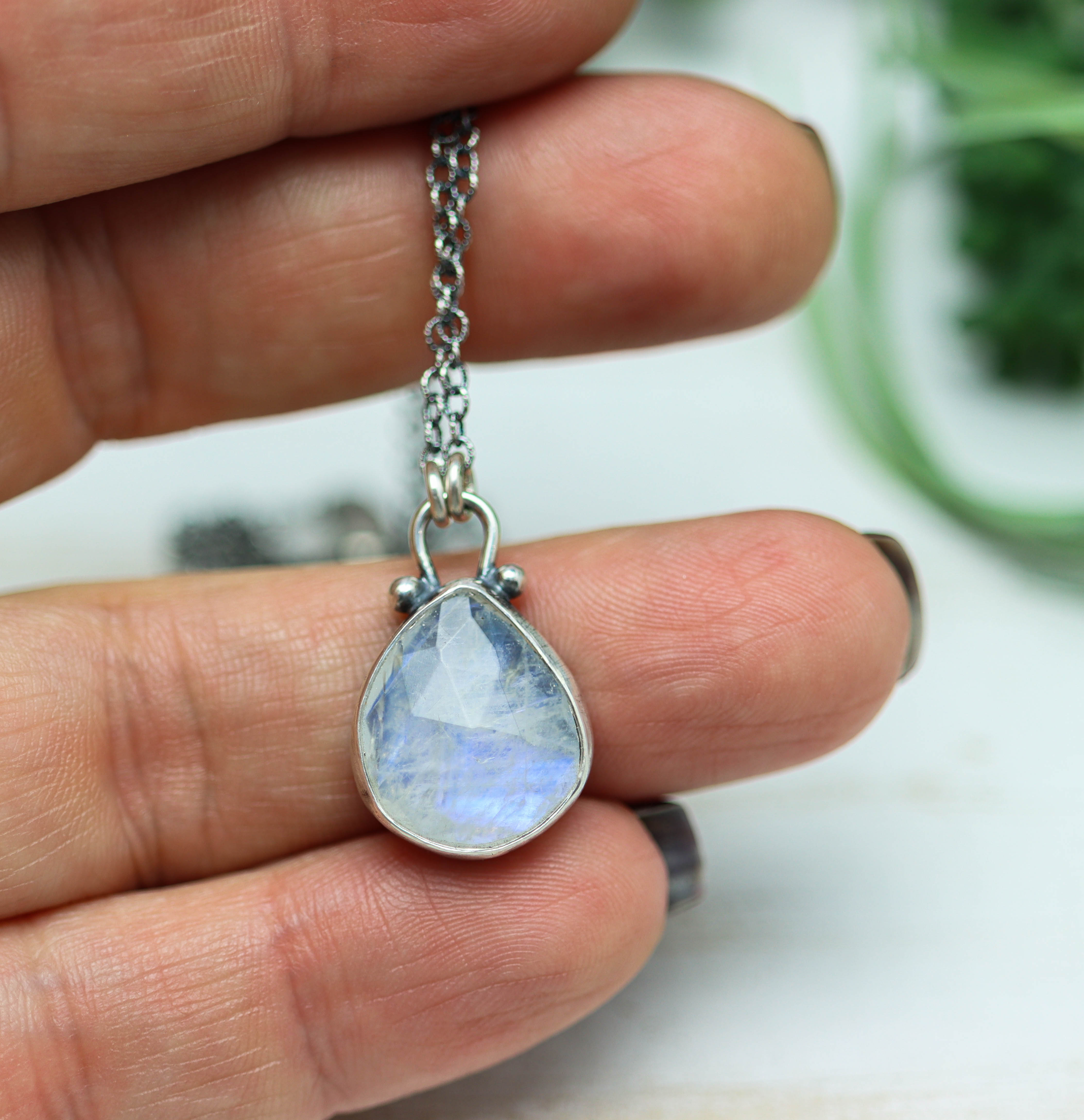 Rainbow Moonstone Petite Pendant Necklace in Sterling Silver
