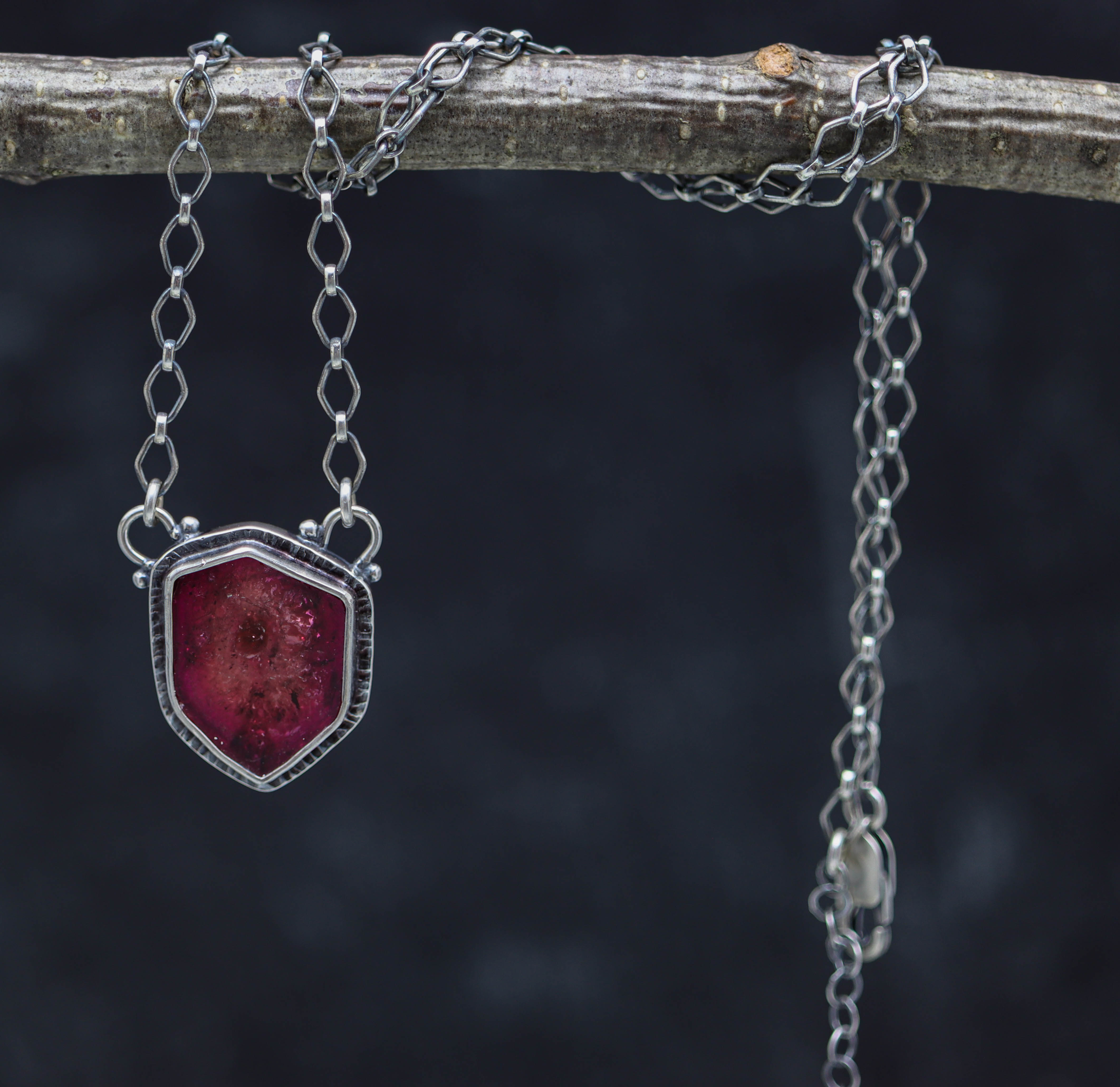 Raw Pink Tourmaline Slice Pendant Necklace Sterling Silver