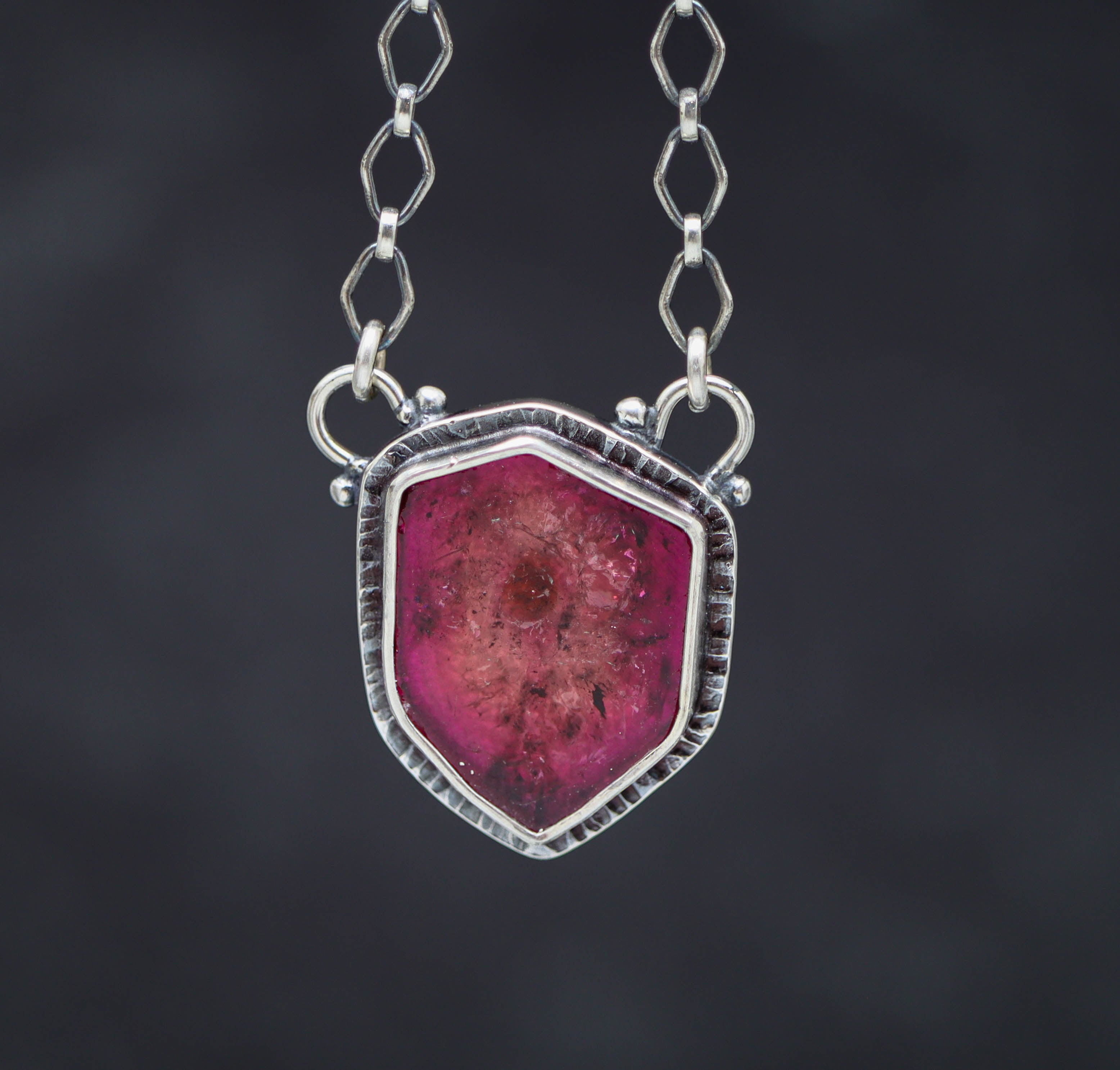 Raw Pink Tourmaline Slice Pendant Necklace Sterling Silver