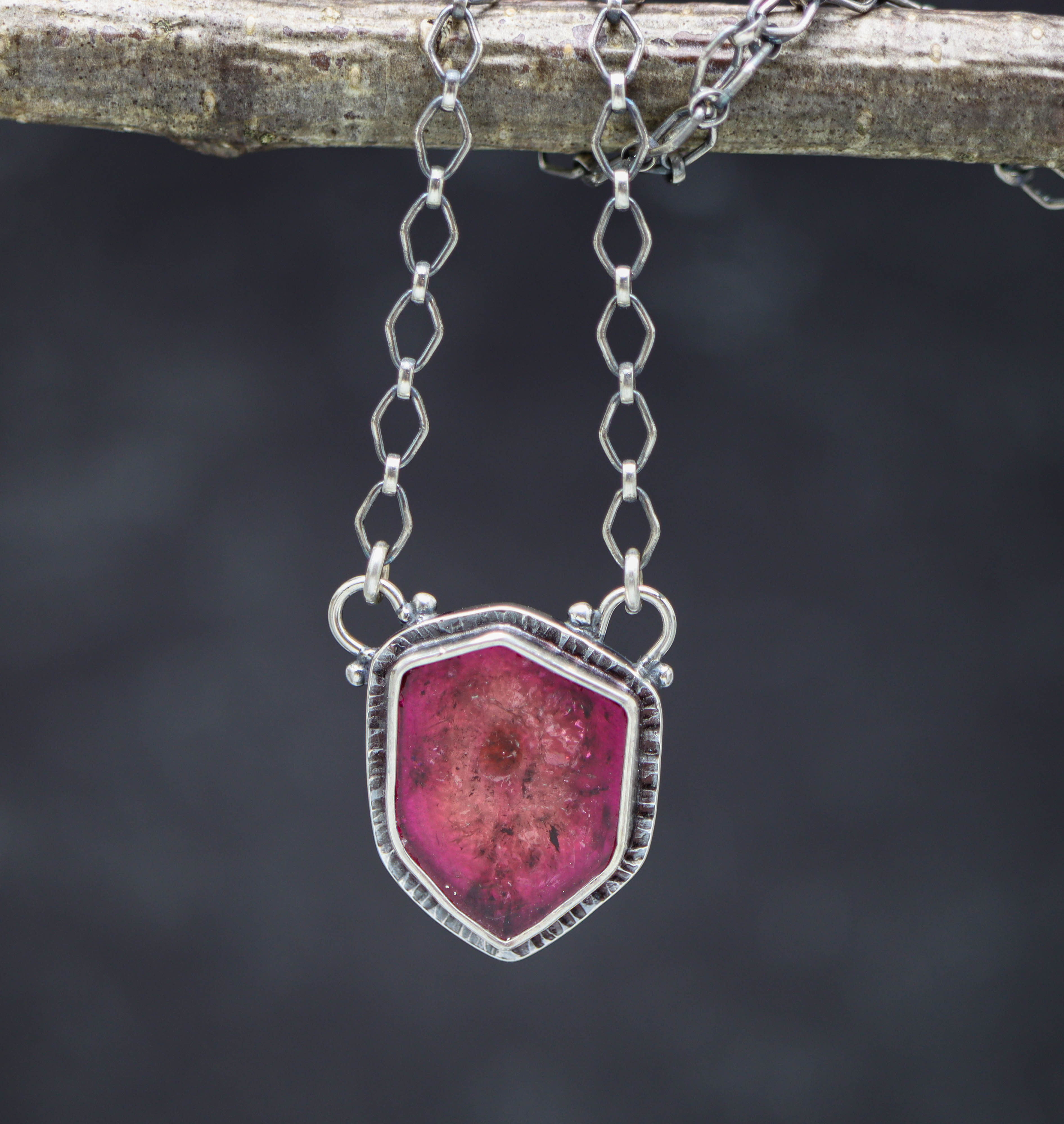 Raw Pink Tourmaline Slice Pendant Necklace Sterling Silver
