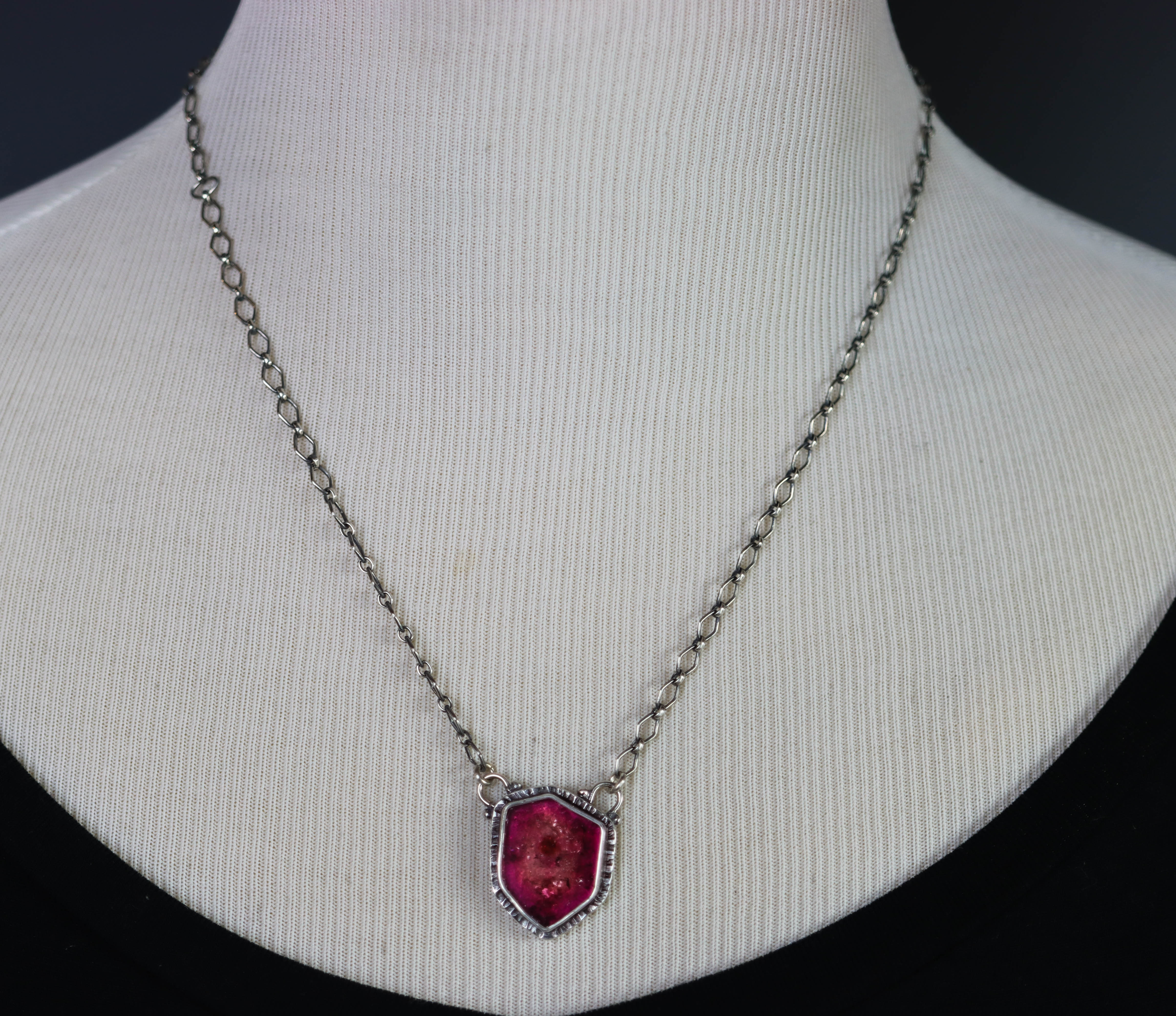 Raw Pink Tourmaline Slice Pendant Necklace Sterling Silver