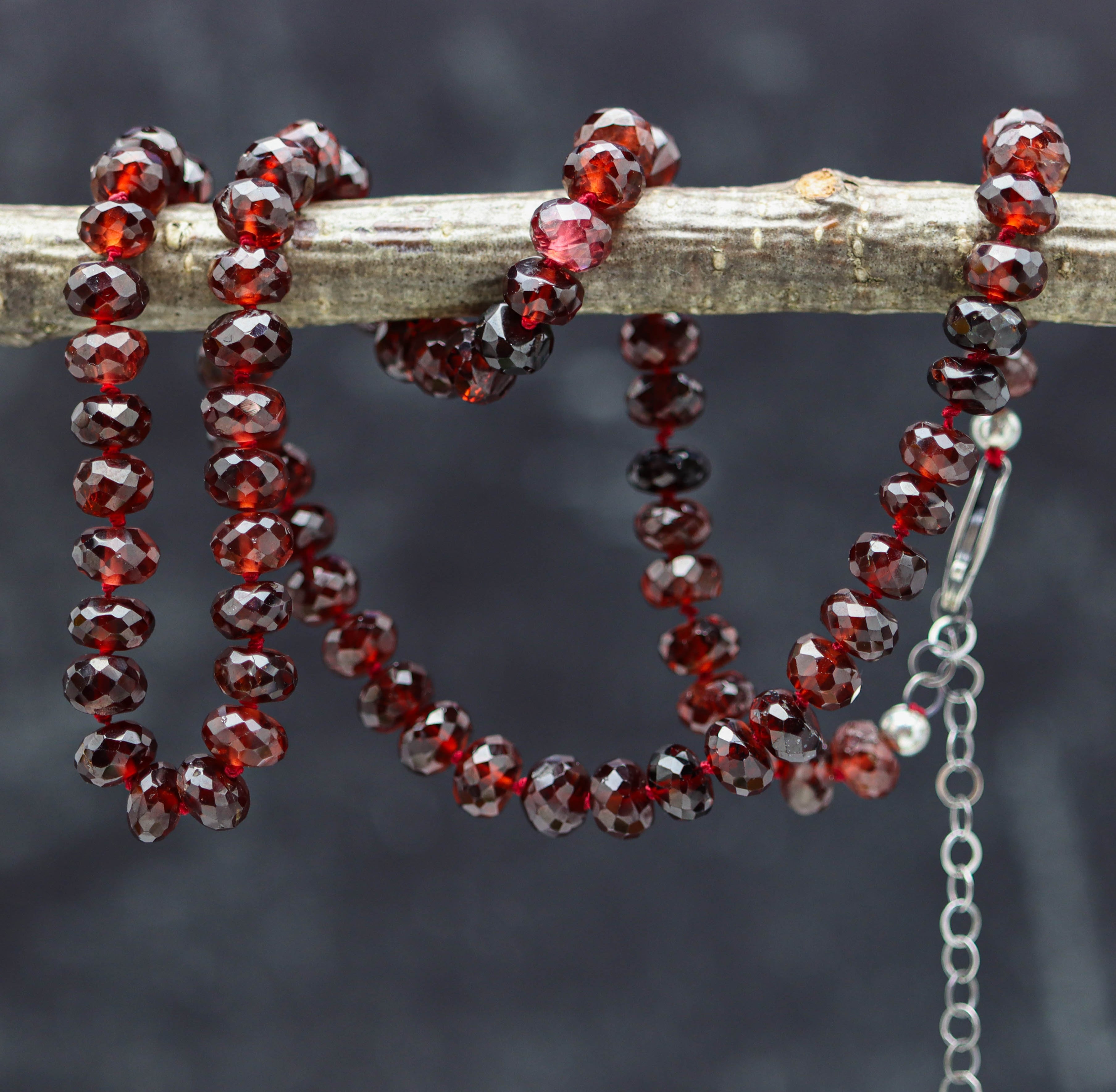 Red beaded bracelet with silver clasp on a branch against a dark background