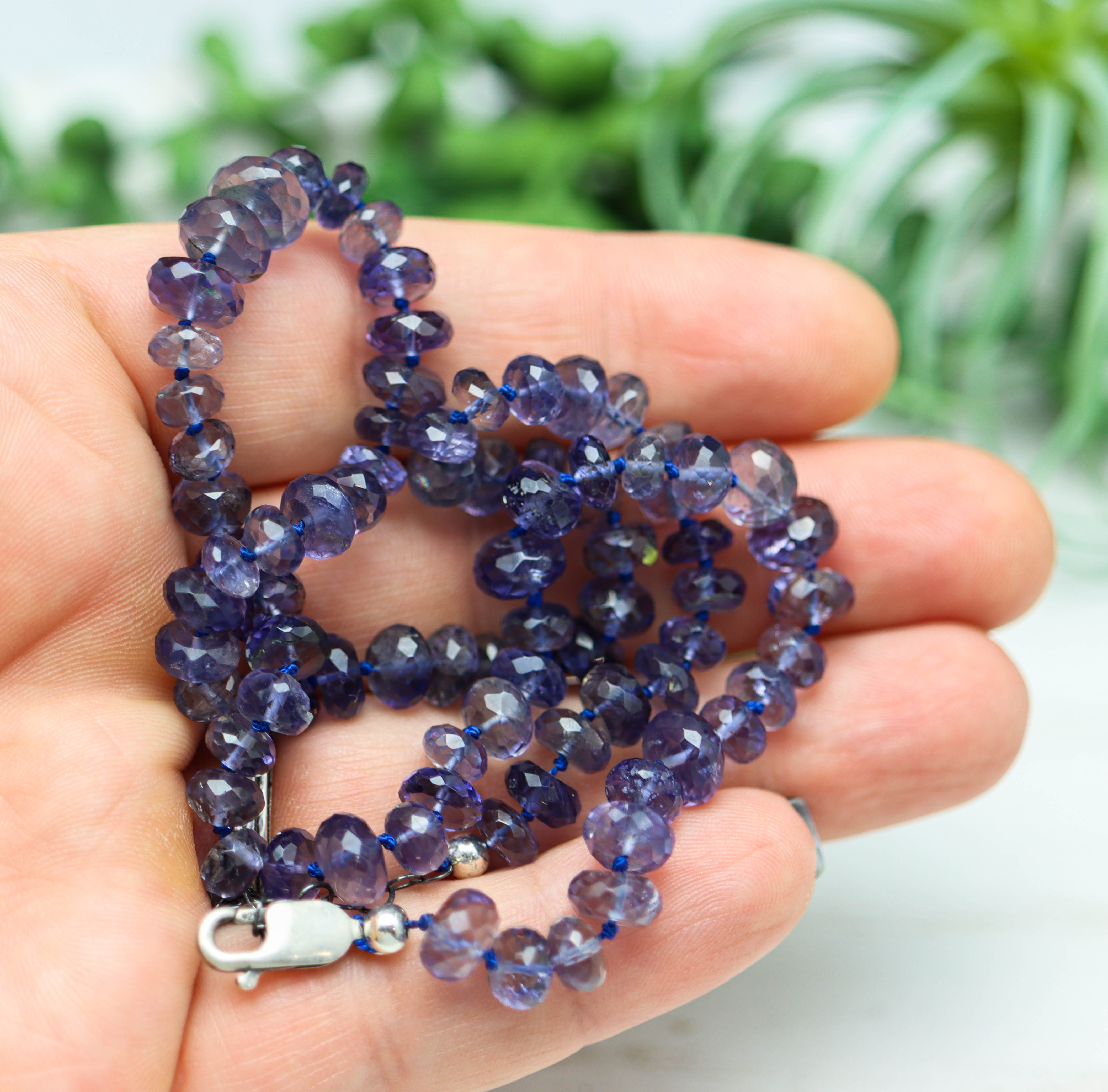 Blue Violet Iolite Hand Knotted Bead Necklace Sterling Silver 19 inch