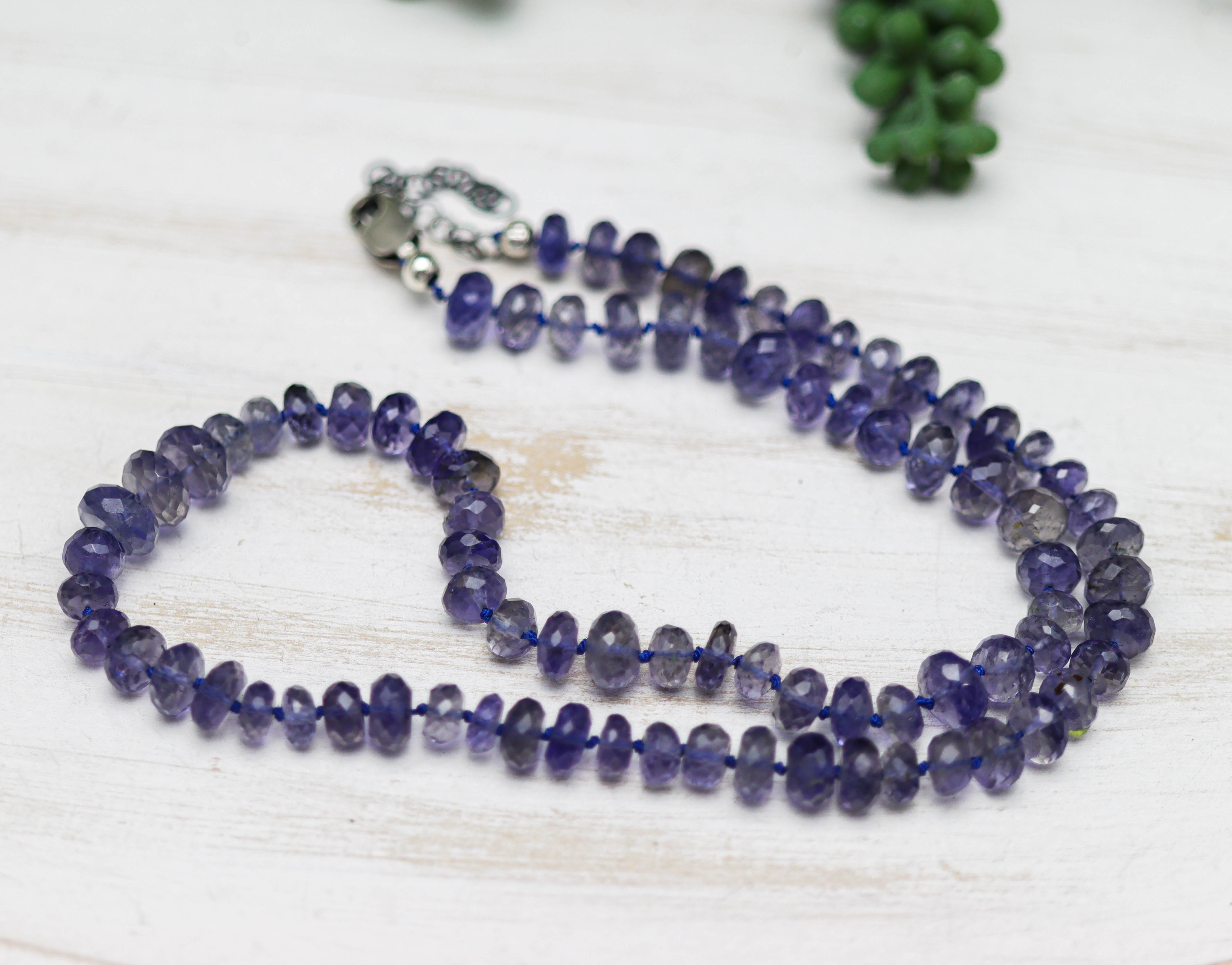 Blue Violet Iolite Hand Knotted Bead Necklace Sterling Silver 19 inch