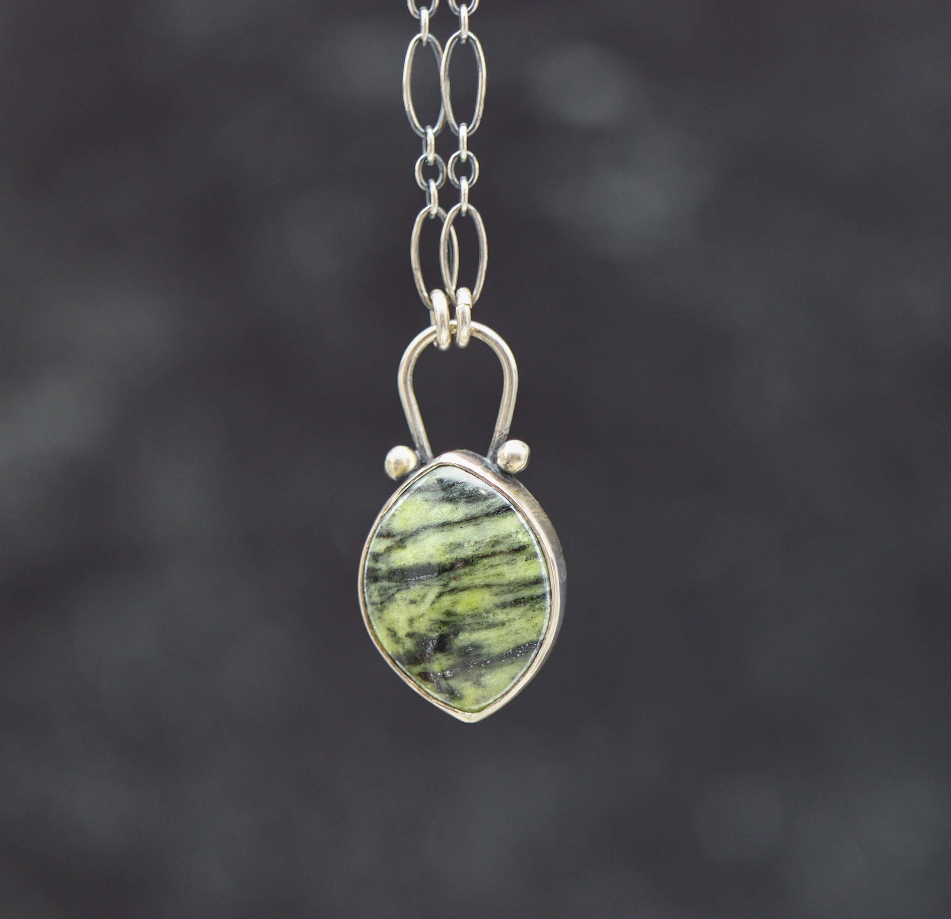 Green Serpentine Pendant Sterling Silver One Of a Kind Gemstone Necklace