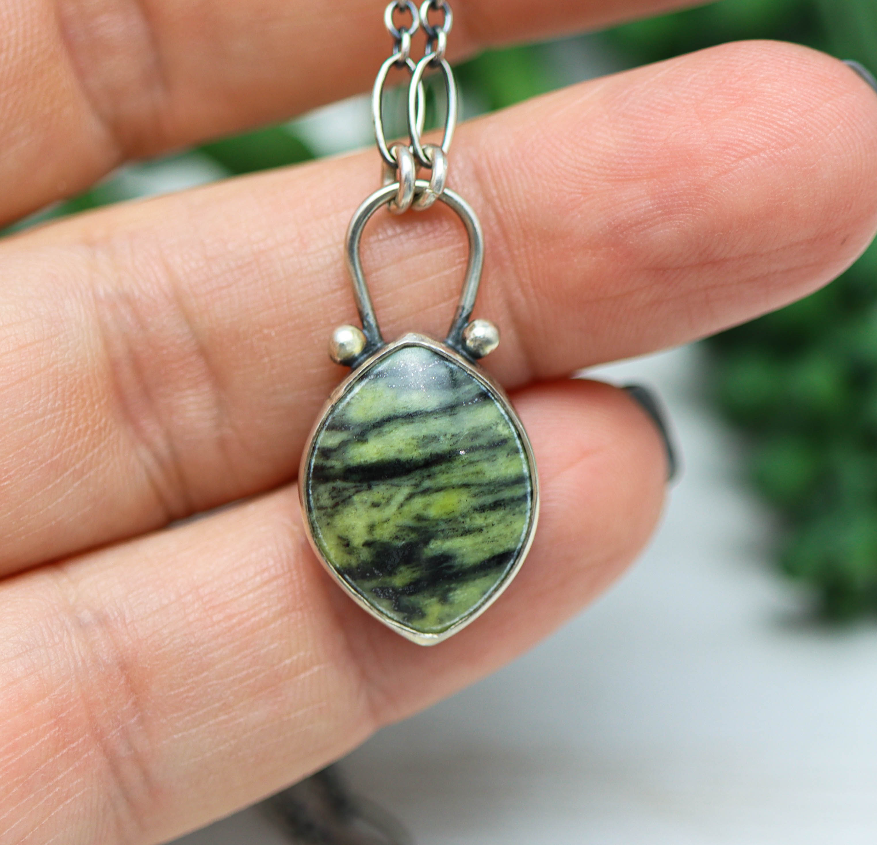 Green Serpentine Pendant Sterling Silver One Of a Kind Gemstone Necklace