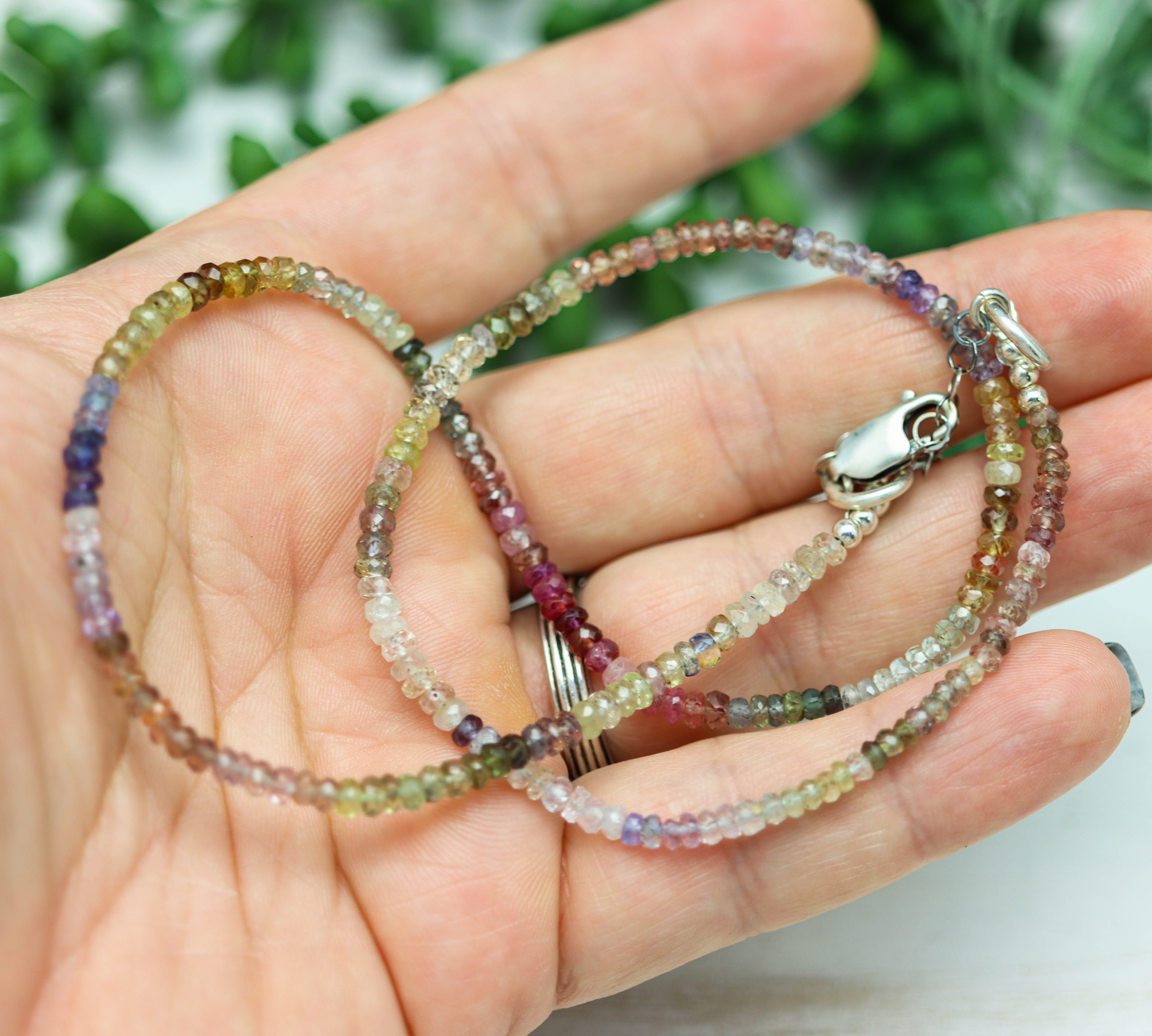 Multicolor Sapphire Beaded Necklace Sterling Silver
