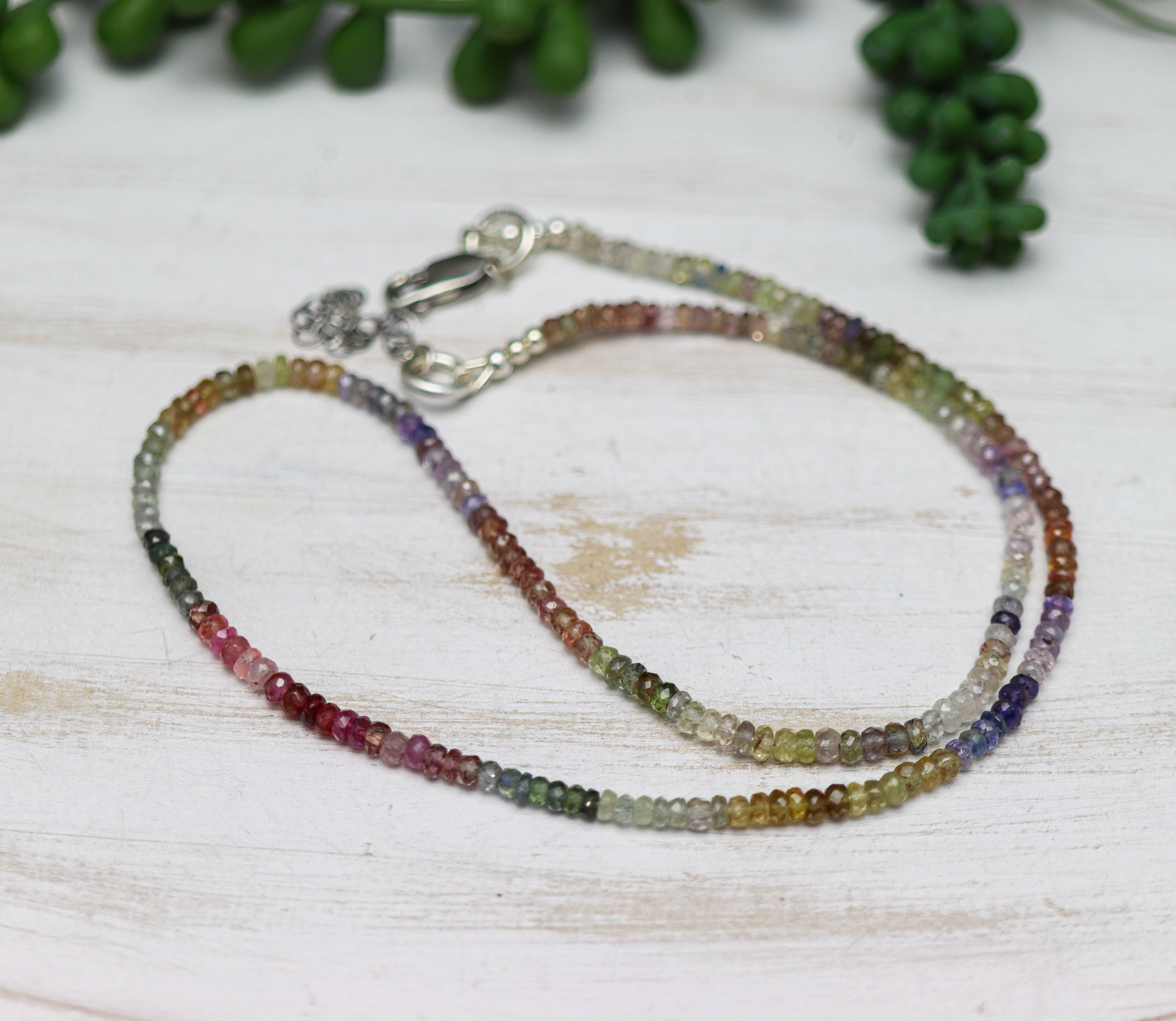 Multicolor Sapphire Beaded Necklace Sterling Silver