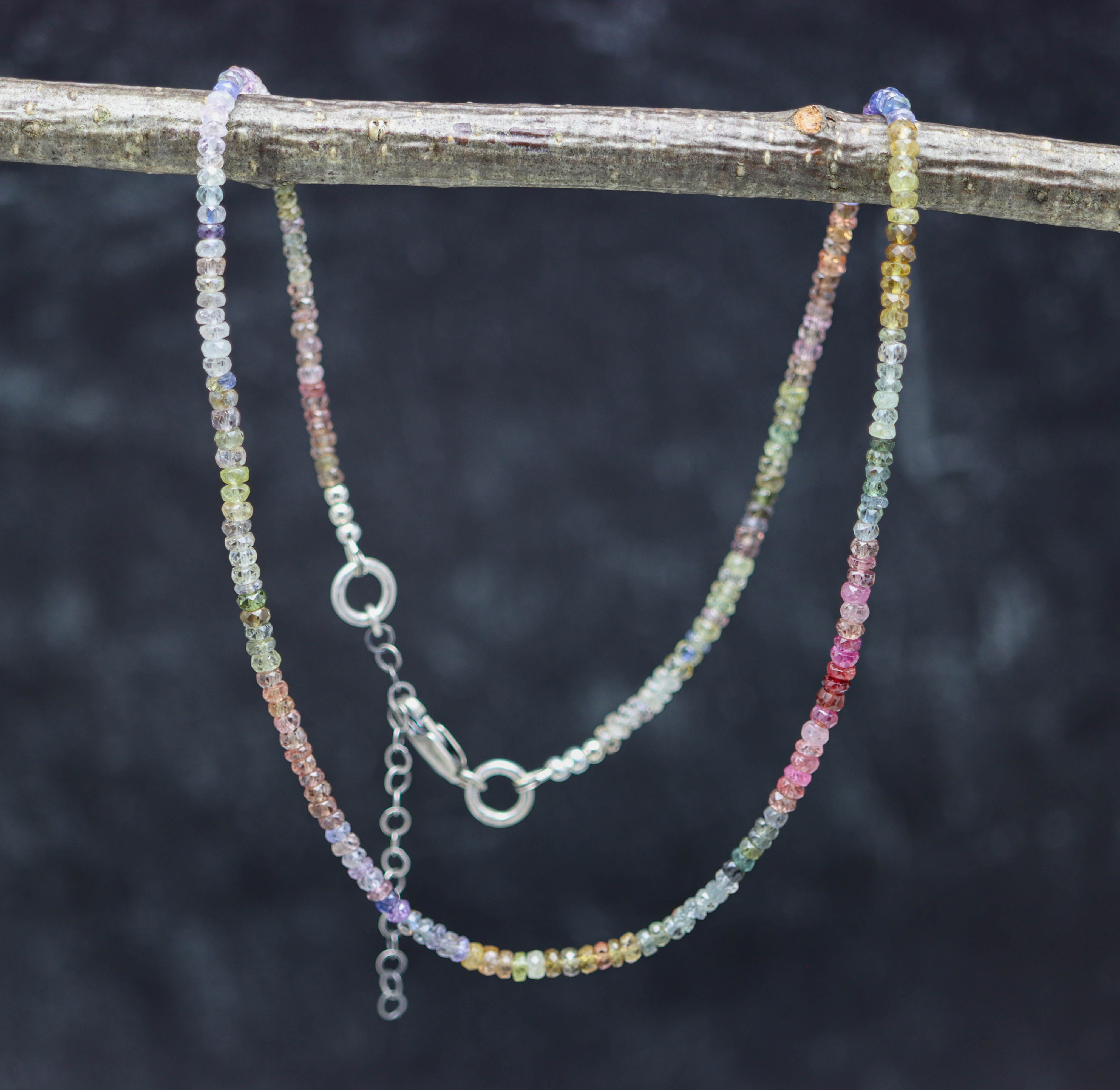 Multicolor Sapphire Beaded Necklace Sterling Silver