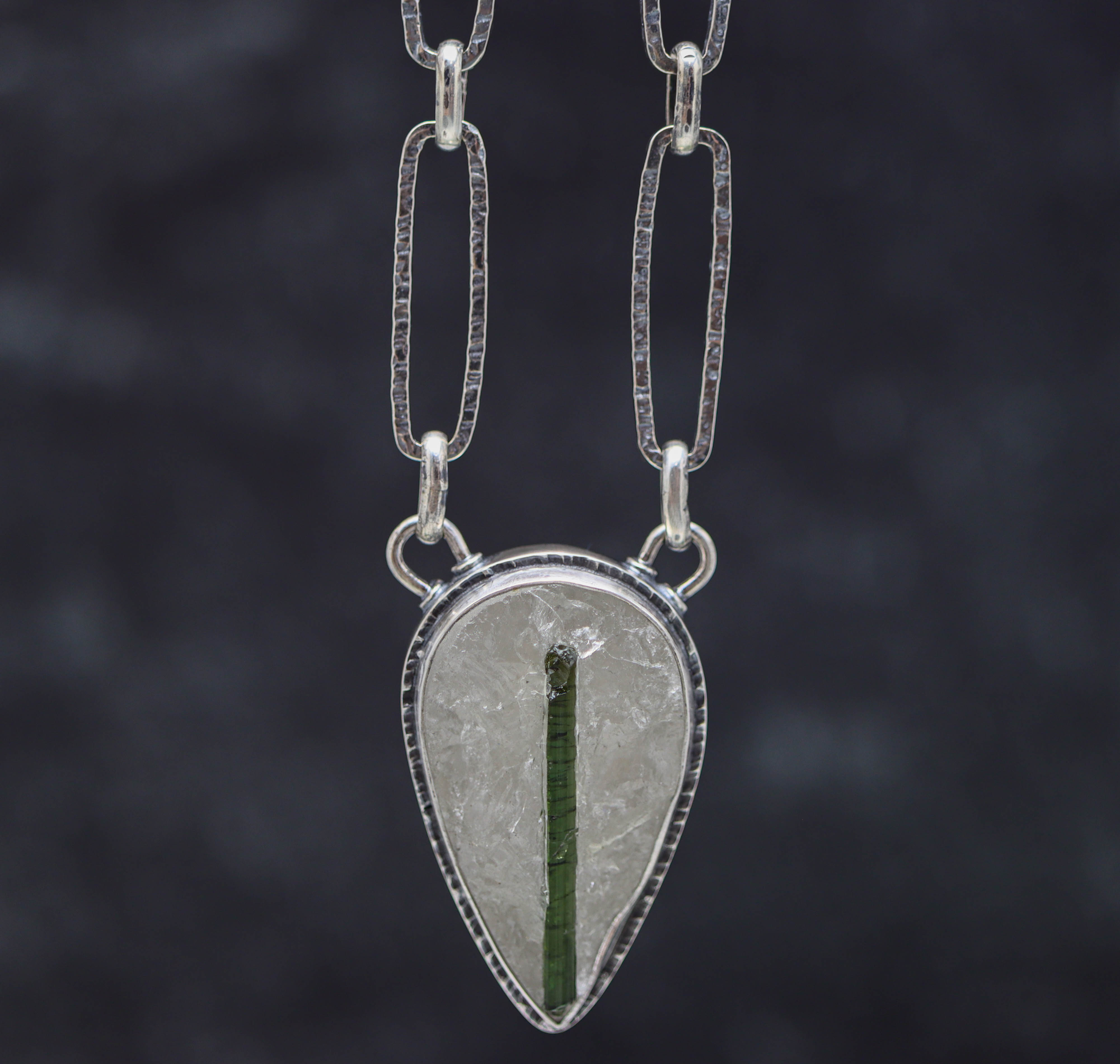 Green Tourmaline in Quartz Pendant Necklace in Sterling Silver