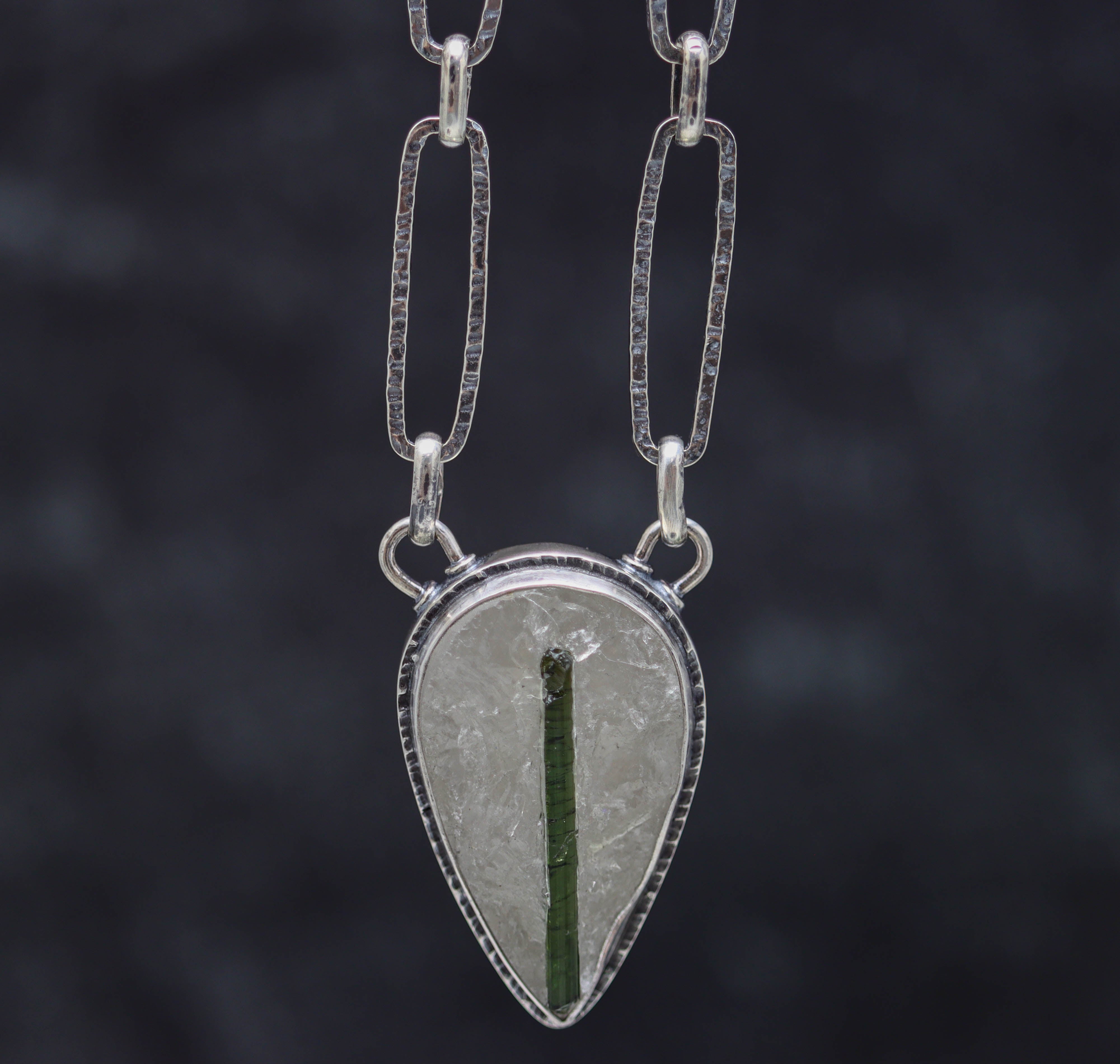 Green Tourmaline in Quartz Pendant Necklace in Sterling Silver