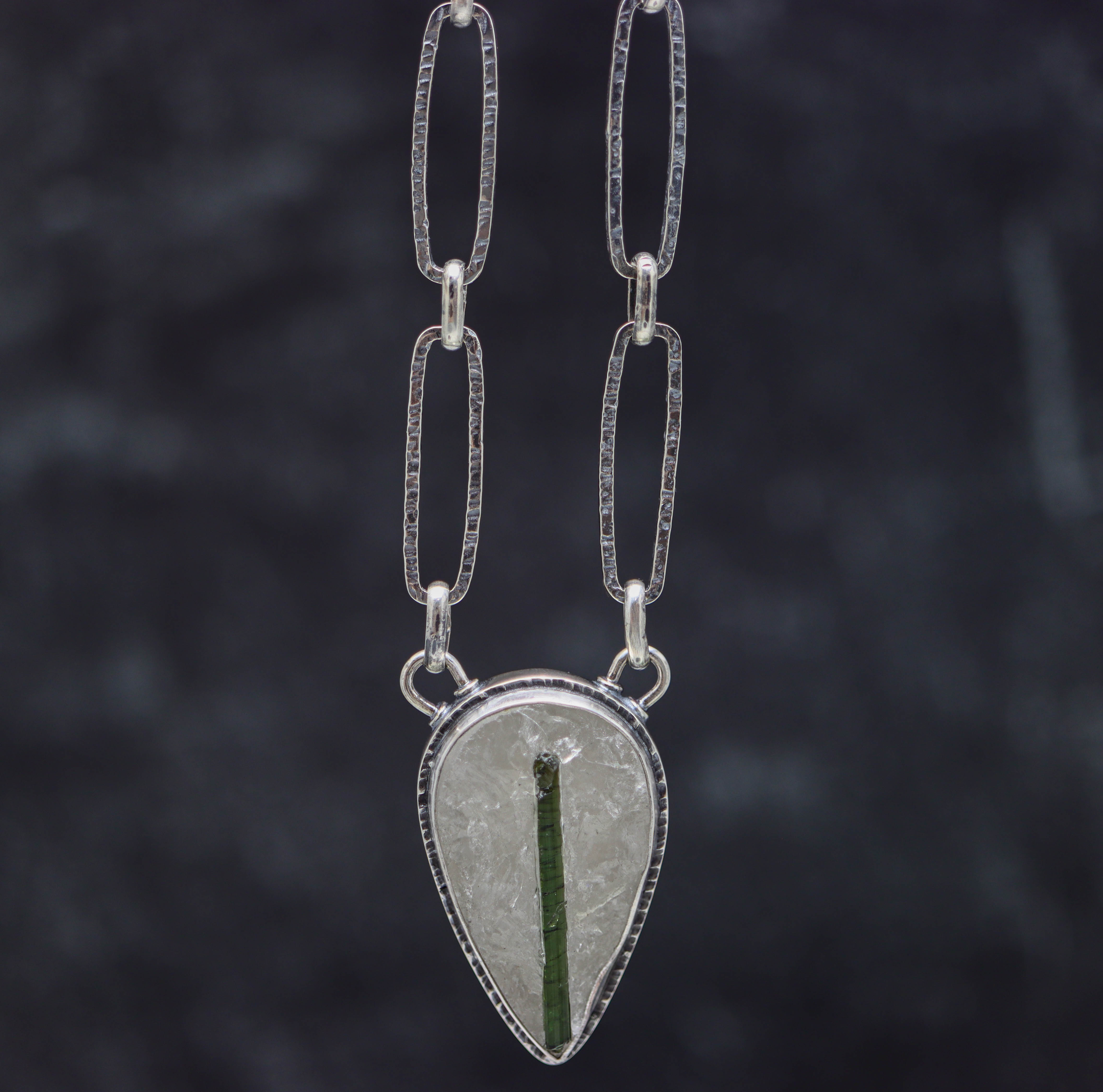Green Tourmaline in Quartz Pendant Necklace in Sterling Silver