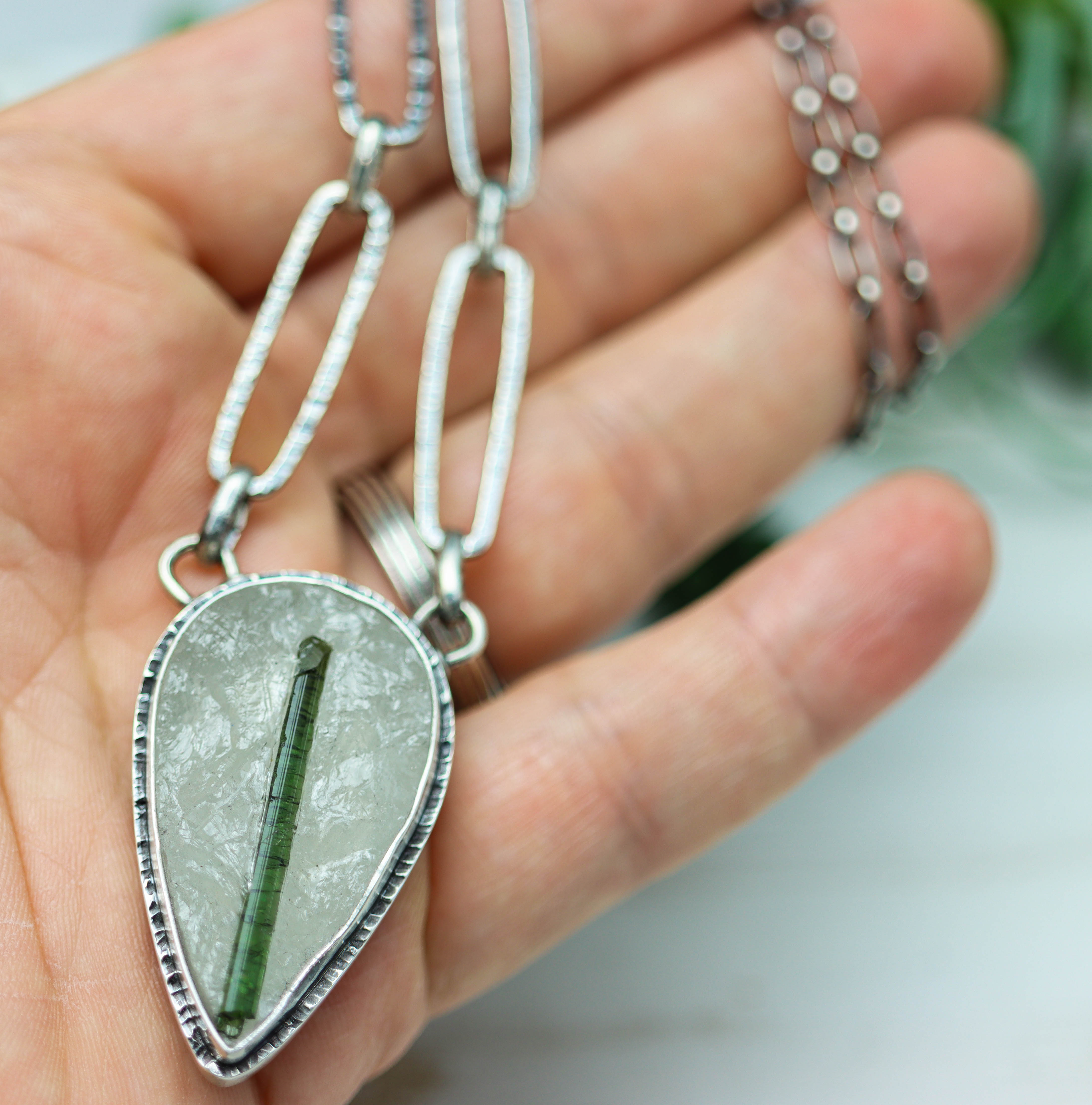 Green Tourmaline in Quartz Pendant Necklace in Sterling Silver