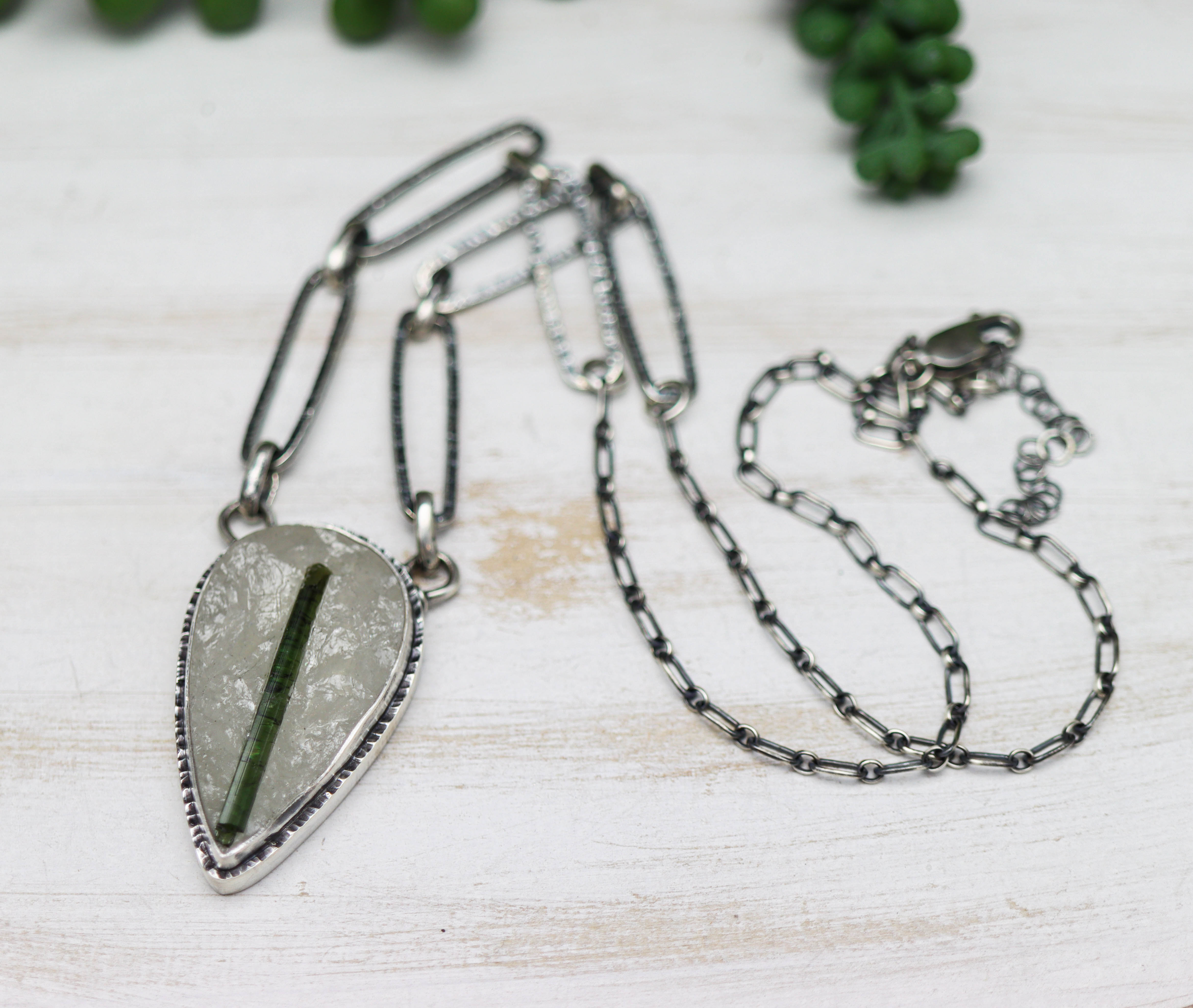 Green Tourmaline in Quartz Pendant Necklace in Sterling Silver
