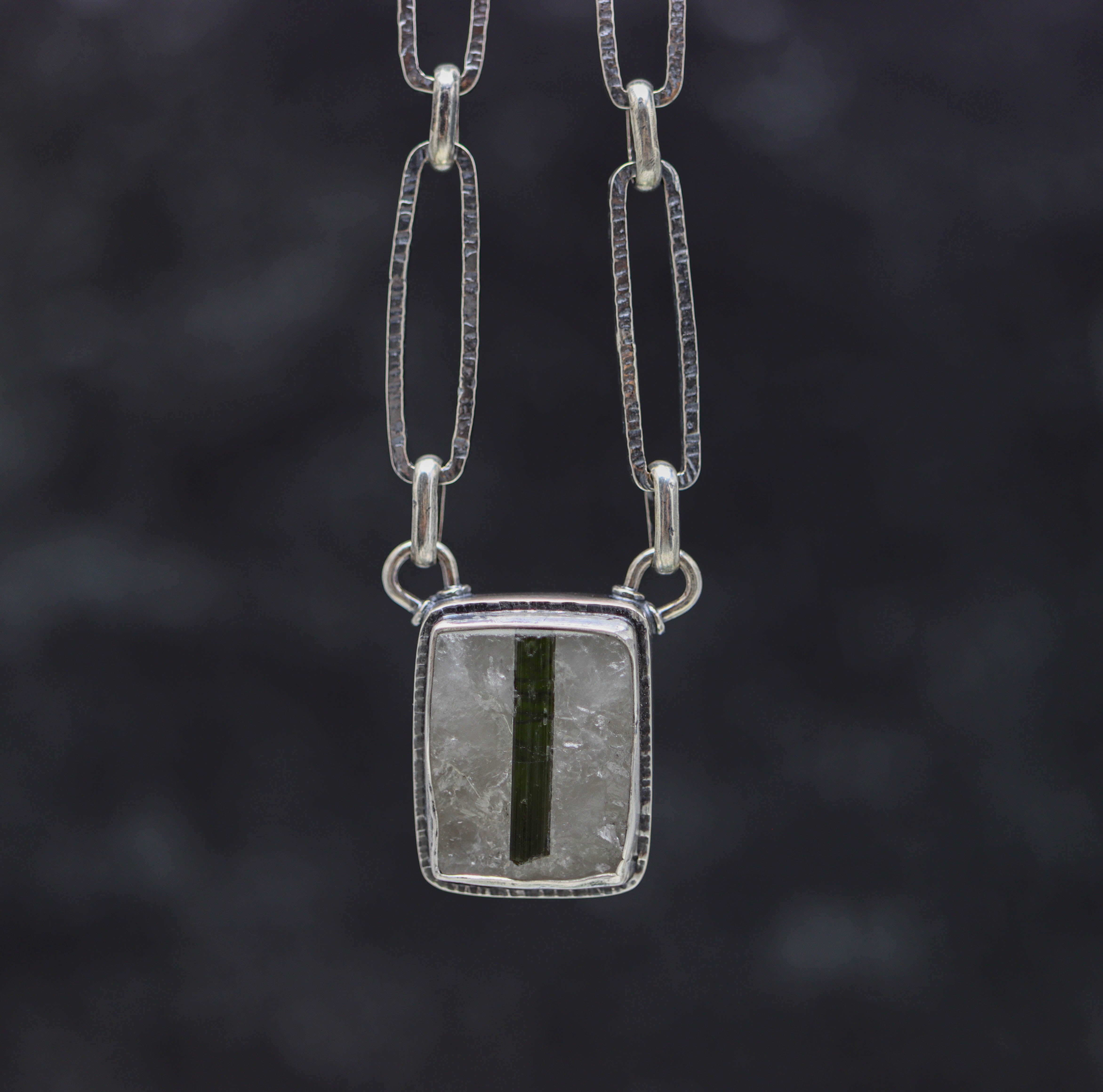 Green Tourmaline in Quartz Pendant Necklace in Sterling Silver