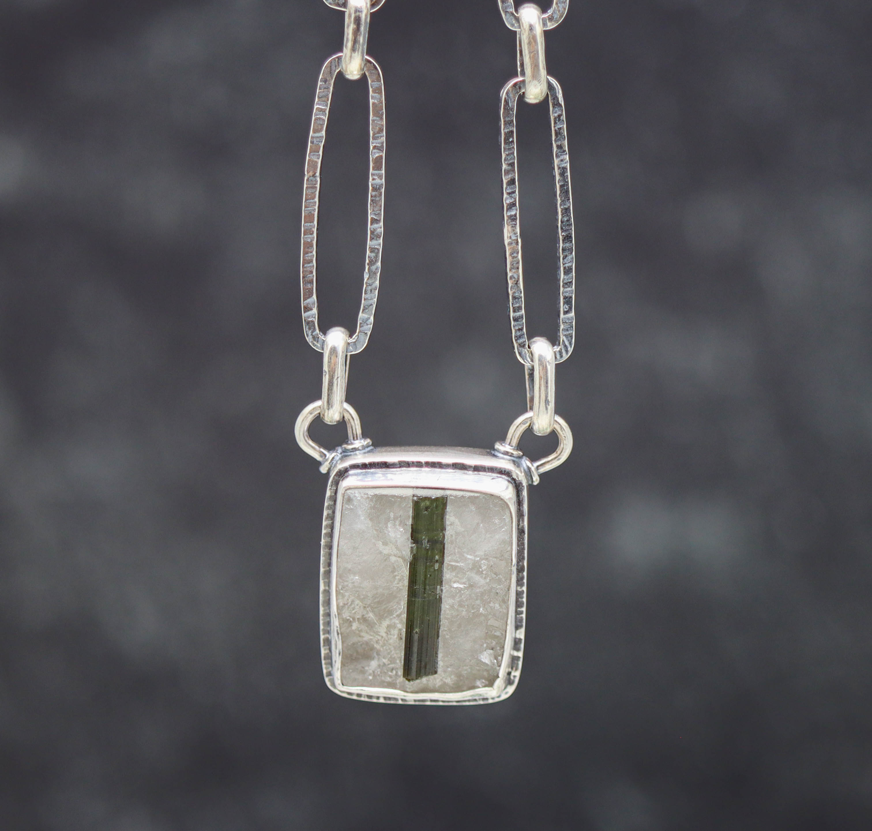 Green Tourmaline in Quartz Pendant Necklace in Sterling Silver