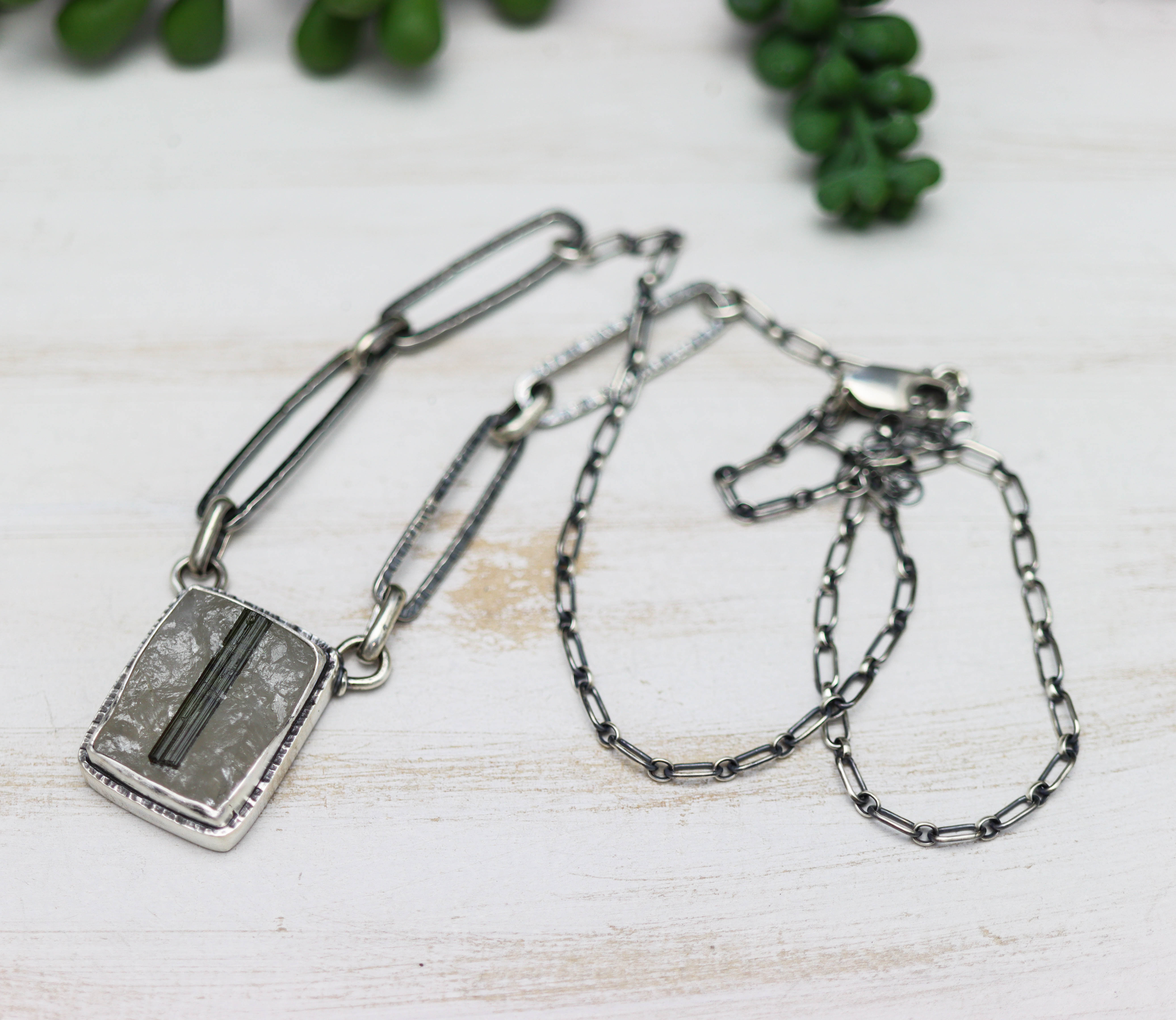 Green Tourmaline in Quartz Pendant Necklace in Sterling Silver