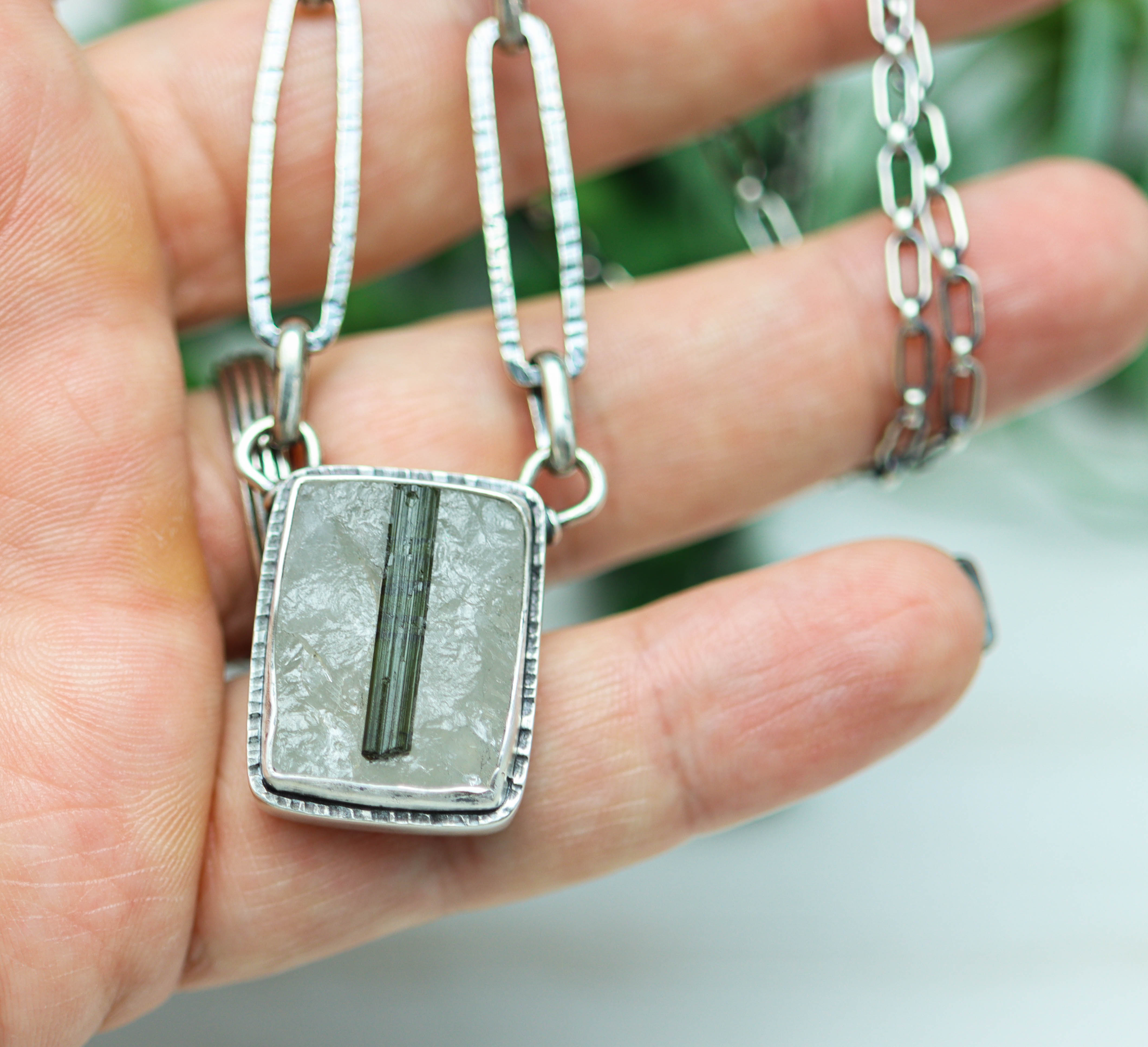 Green Tourmaline in Quartz Pendant Necklace in Sterling Silver