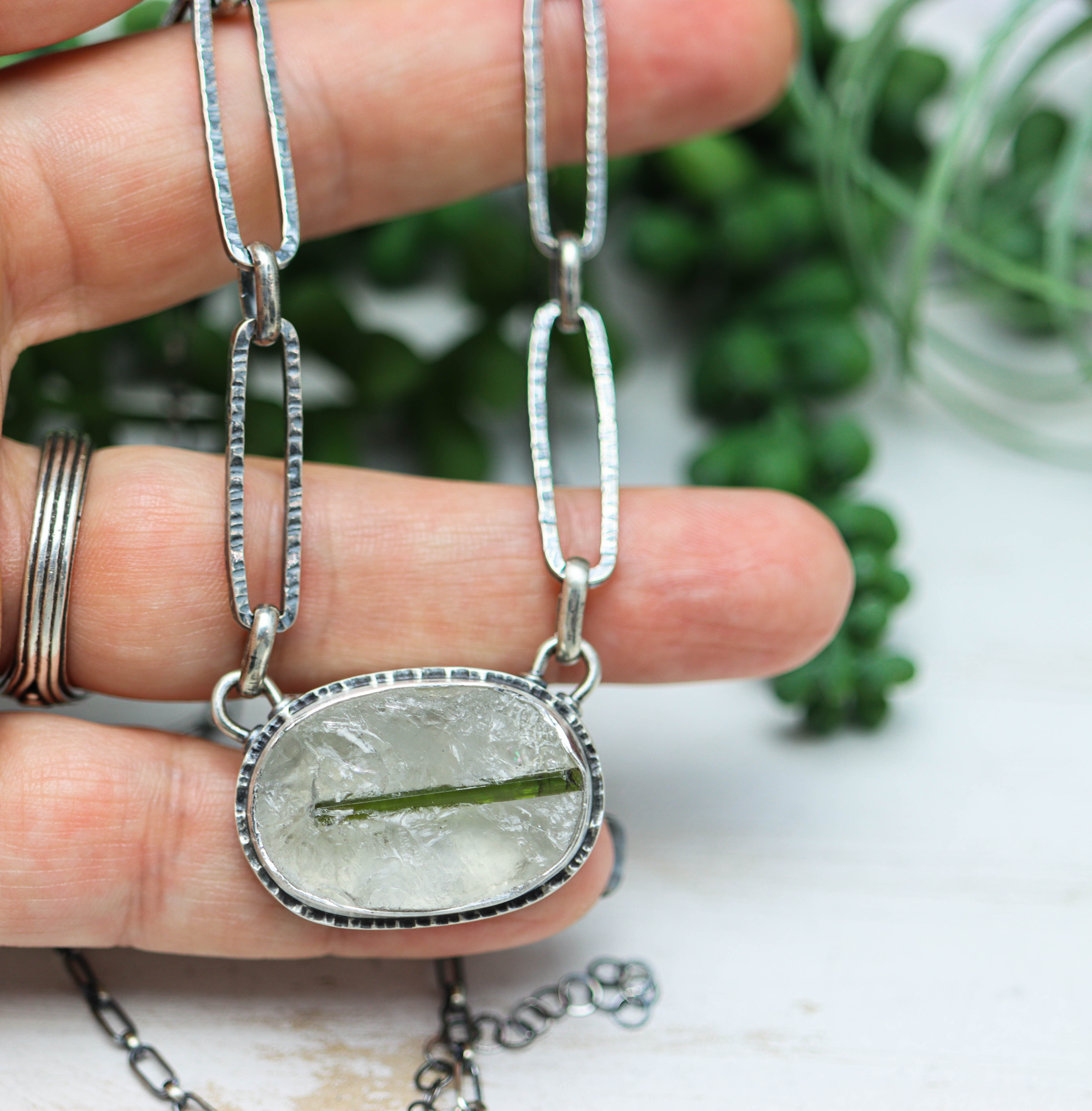 Green Tourmaline in Quartz Pendant Necklace in Sterling Silver