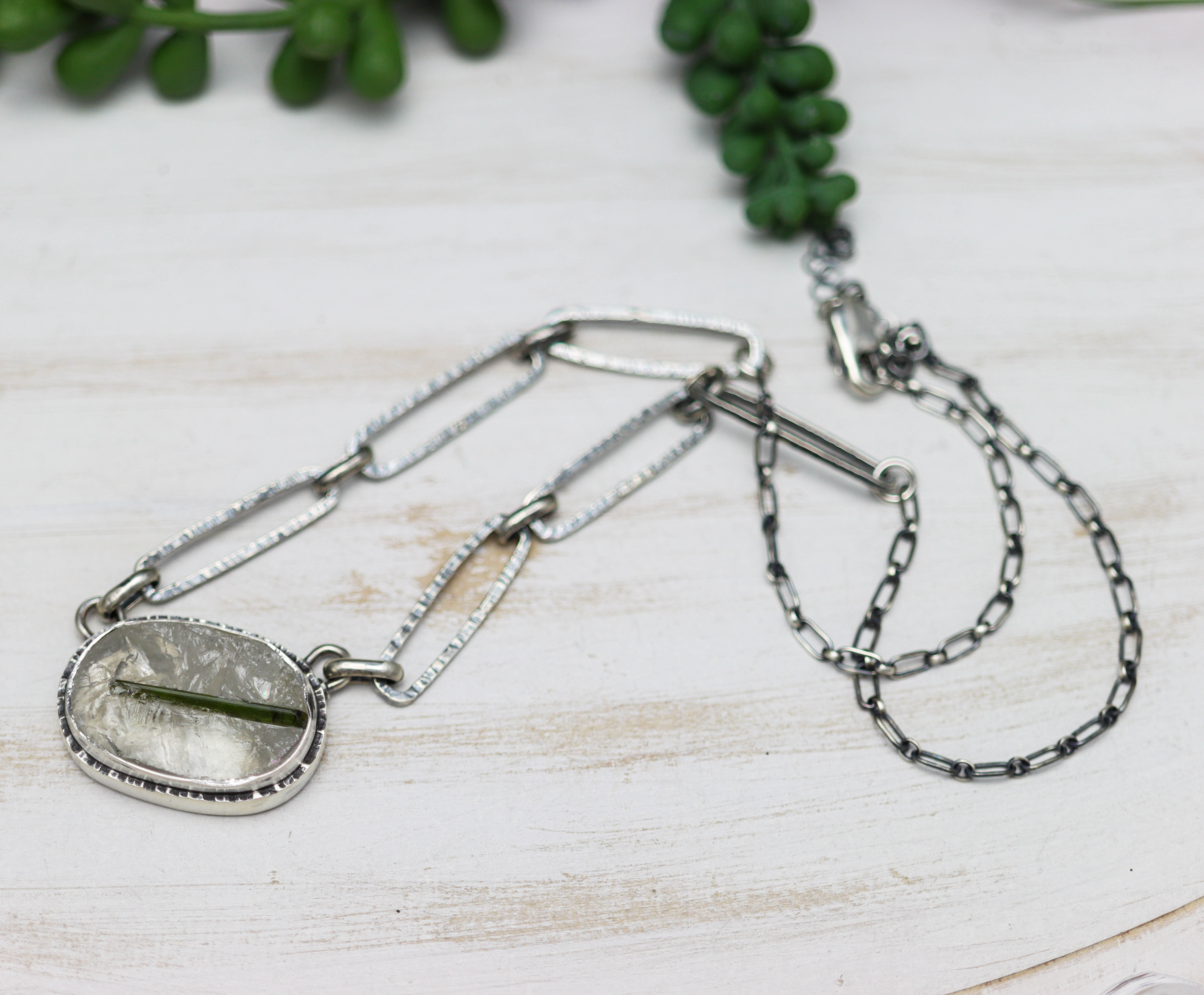 Green Tourmaline in Quartz Pendant Necklace in Sterling Silver