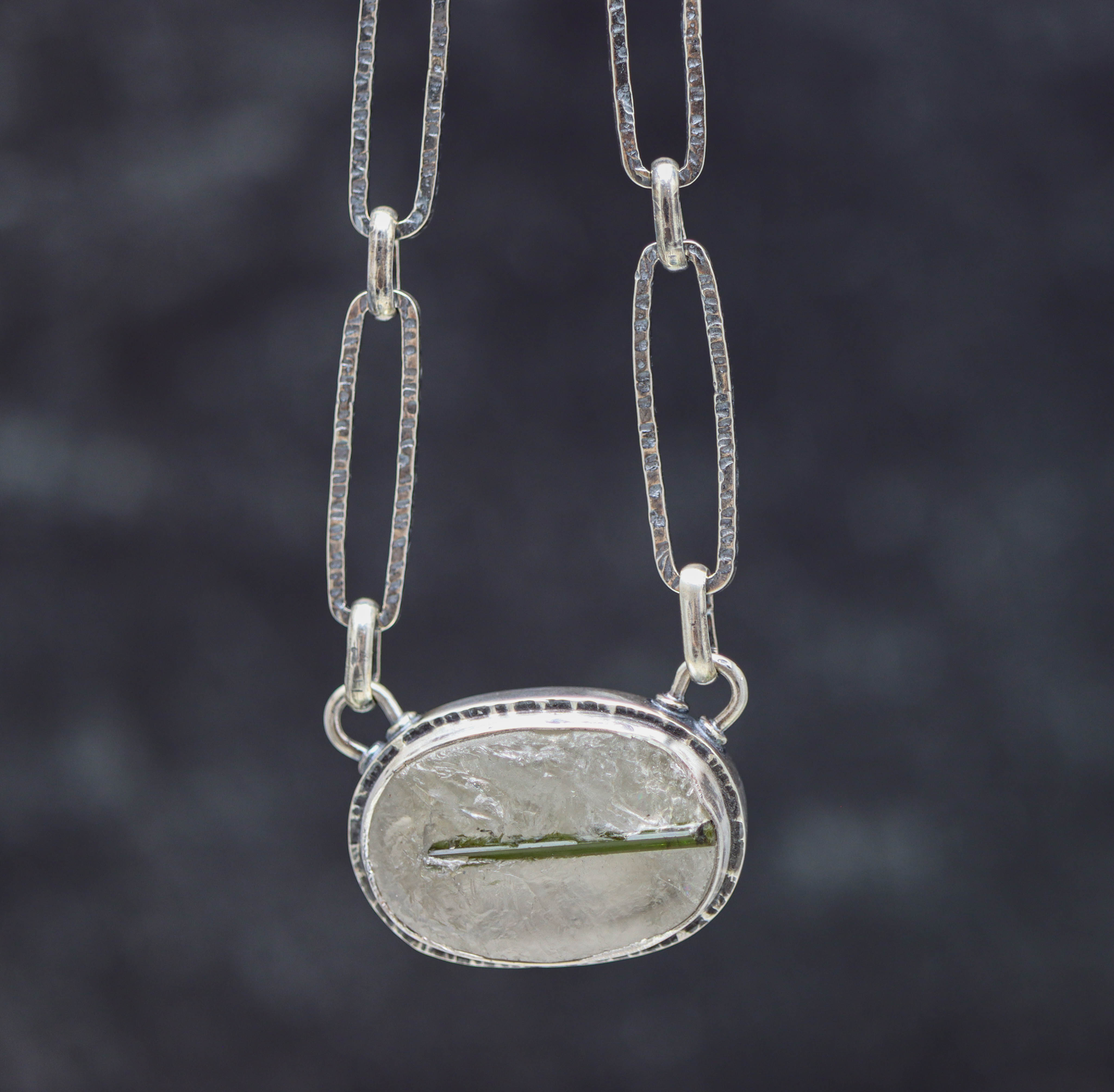 Green Tourmaline in Quartz Pendant Necklace in Sterling Silver