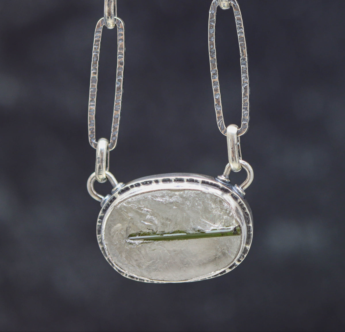 Green Tourmaline in Quartz Pendant Necklace in Sterling Silver