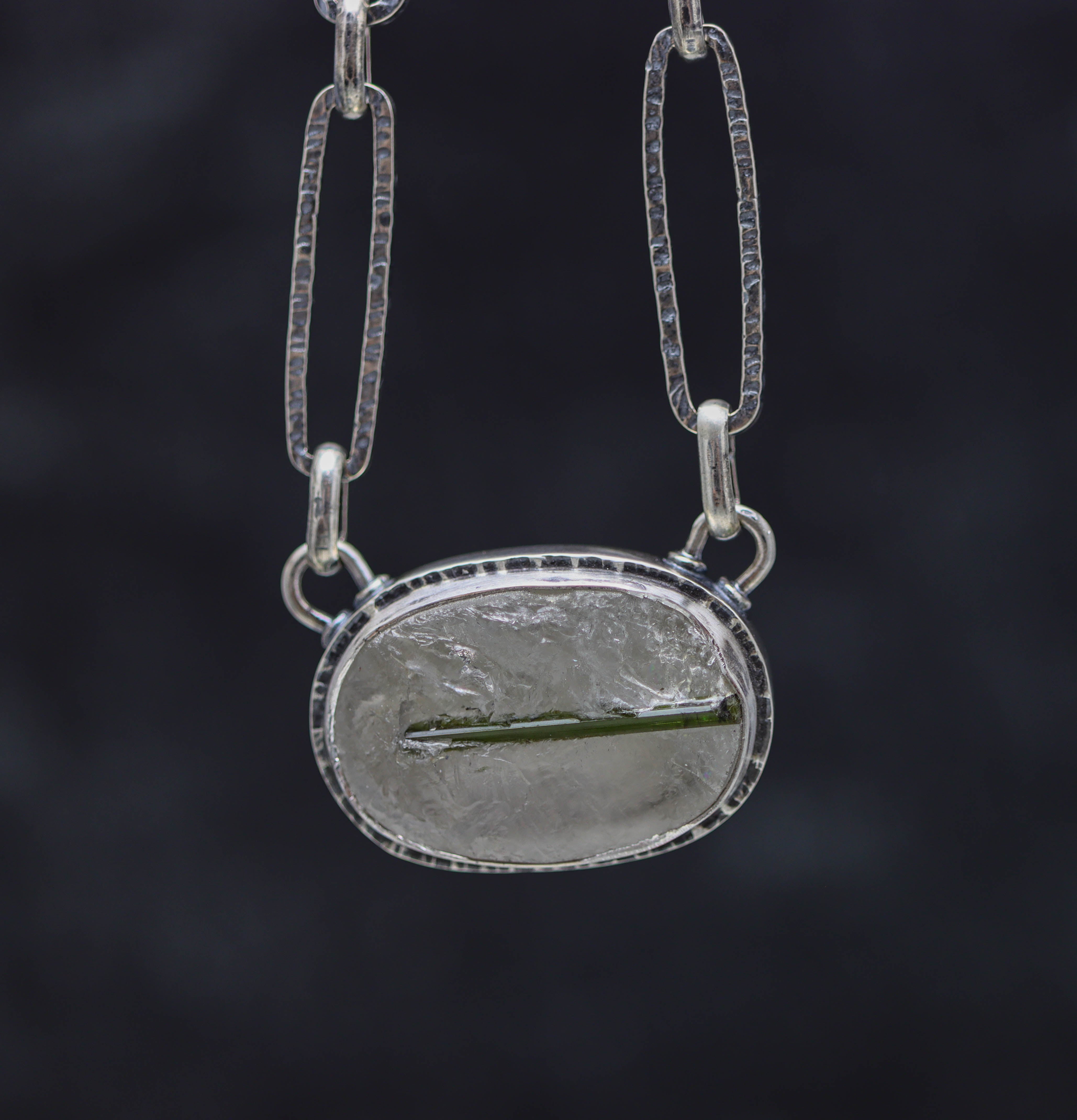 Green Tourmaline in Quartz Pendant Necklace in Sterling Silver