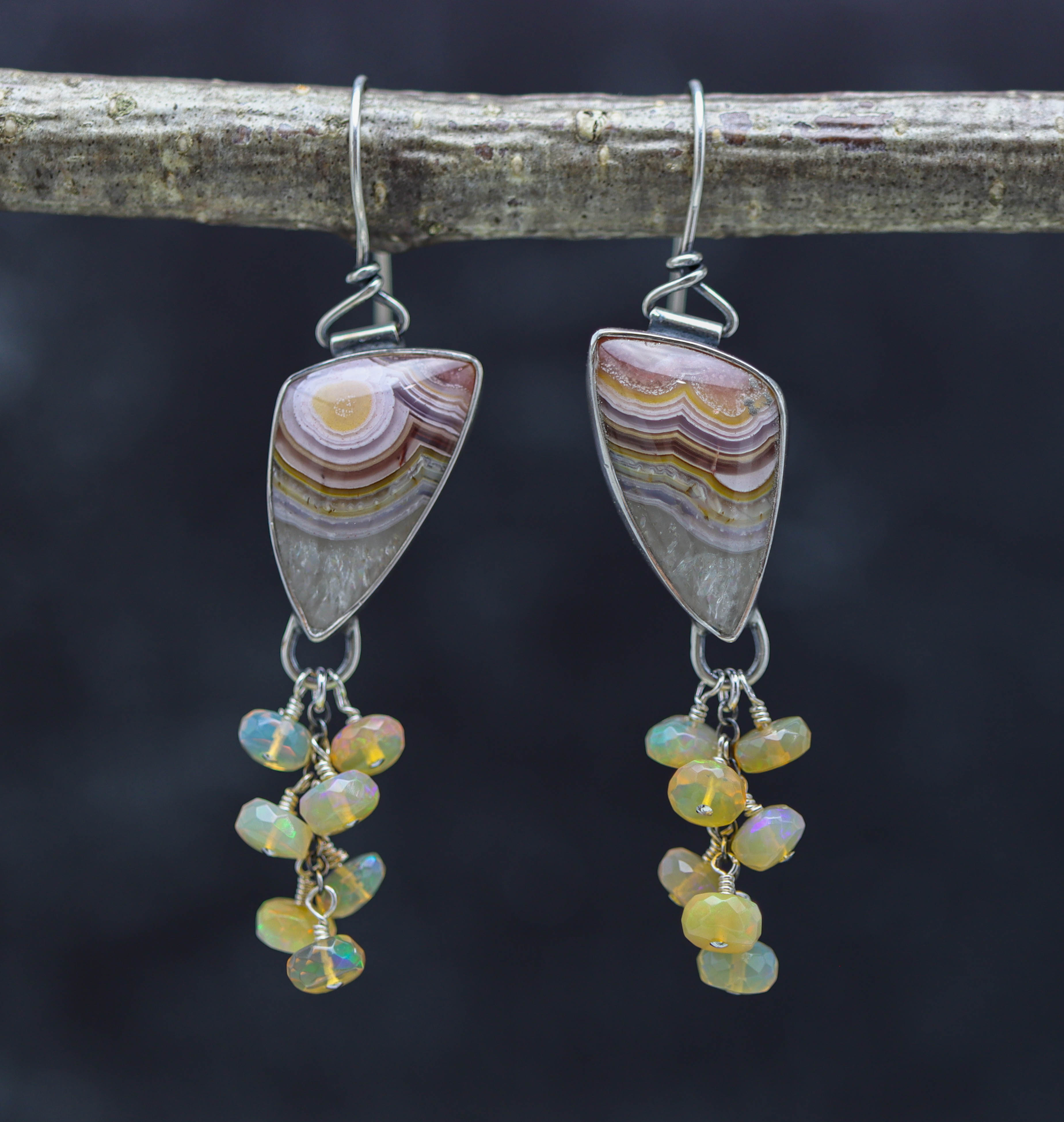 Laguna Agate and Ethiopian Opal Dangle Earrings Sterling Silver