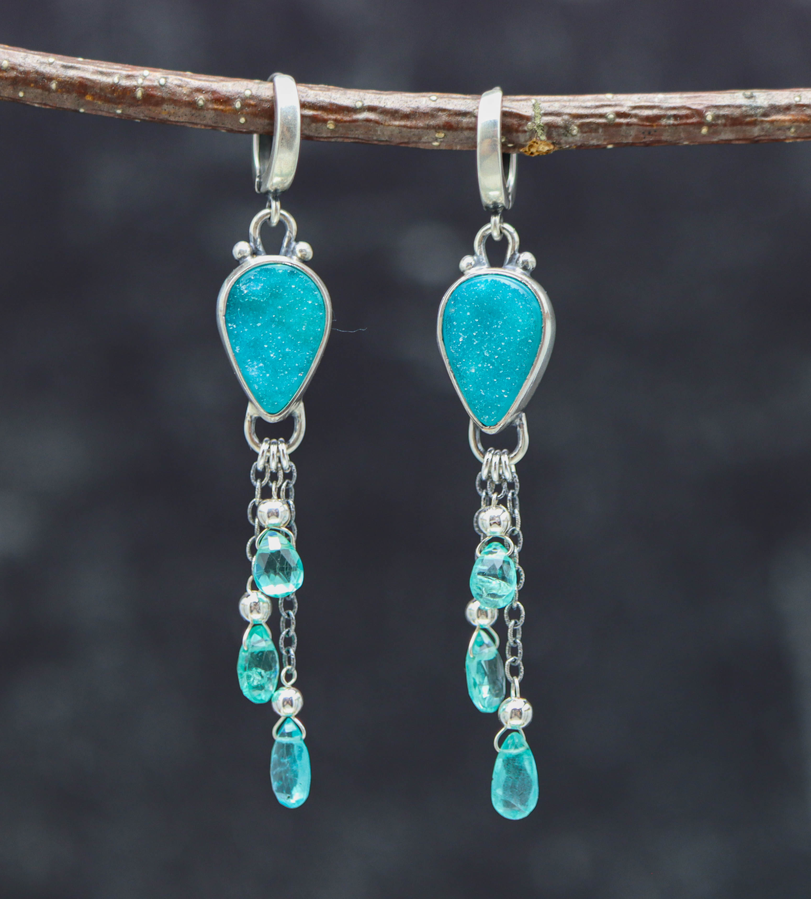 Chrysocolla Druzy and Apatite Sterling Silver Dangle Earrings