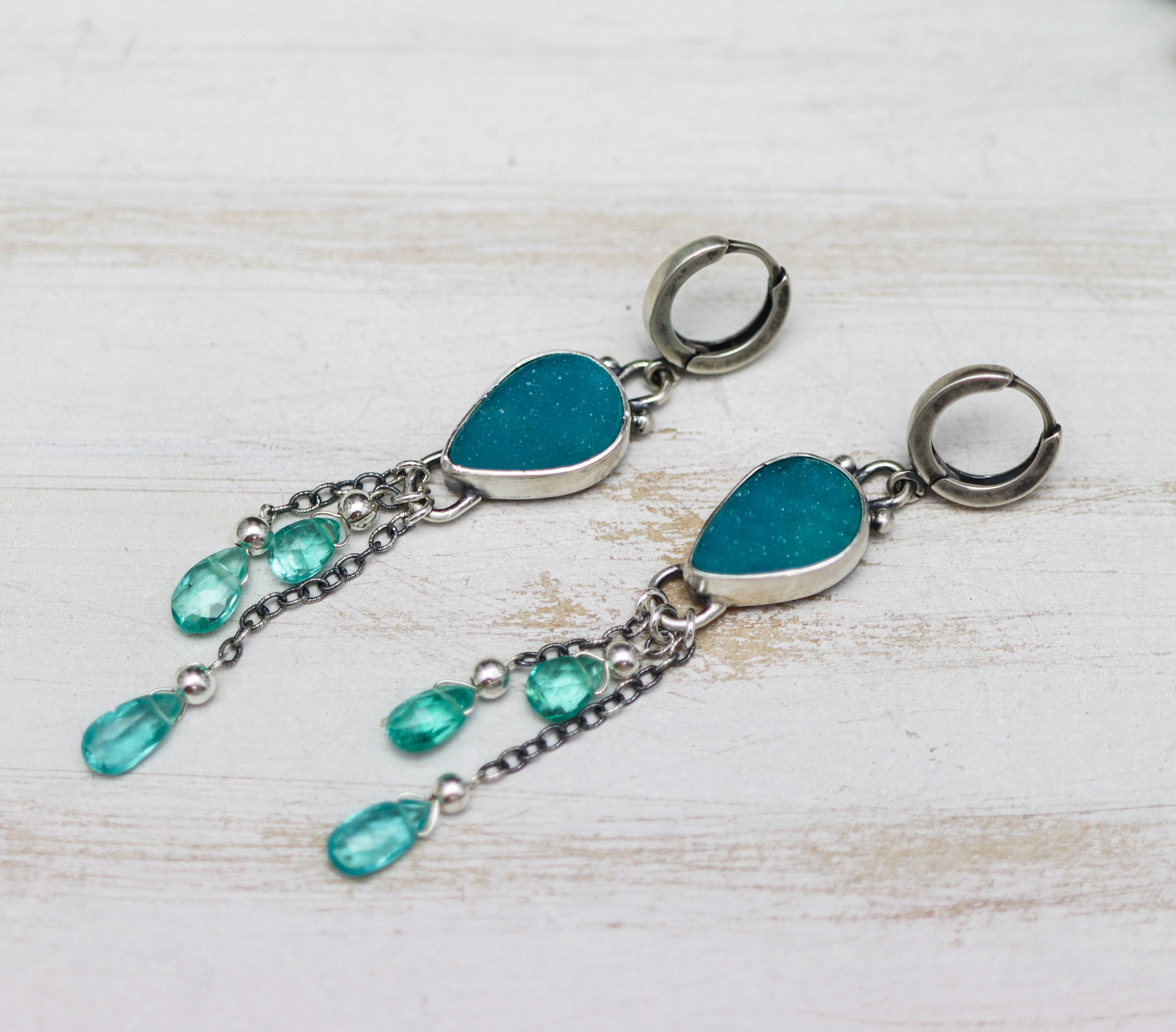 Chrysocolla Druzy and Apatite Sterling Silver Dangle Earrings