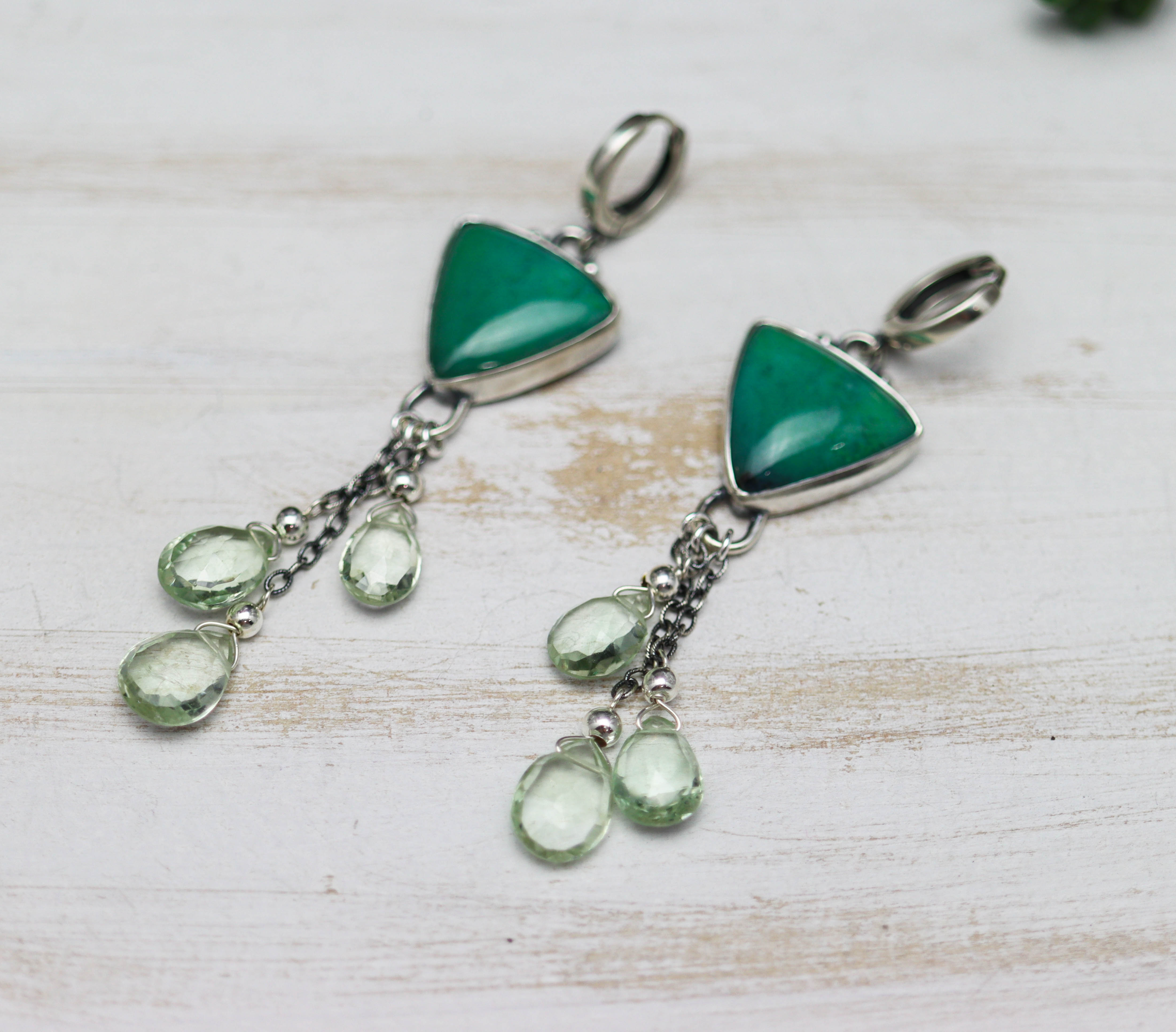 Opalized Chrysocolla and Prasiolite Sterling Silver Earrings