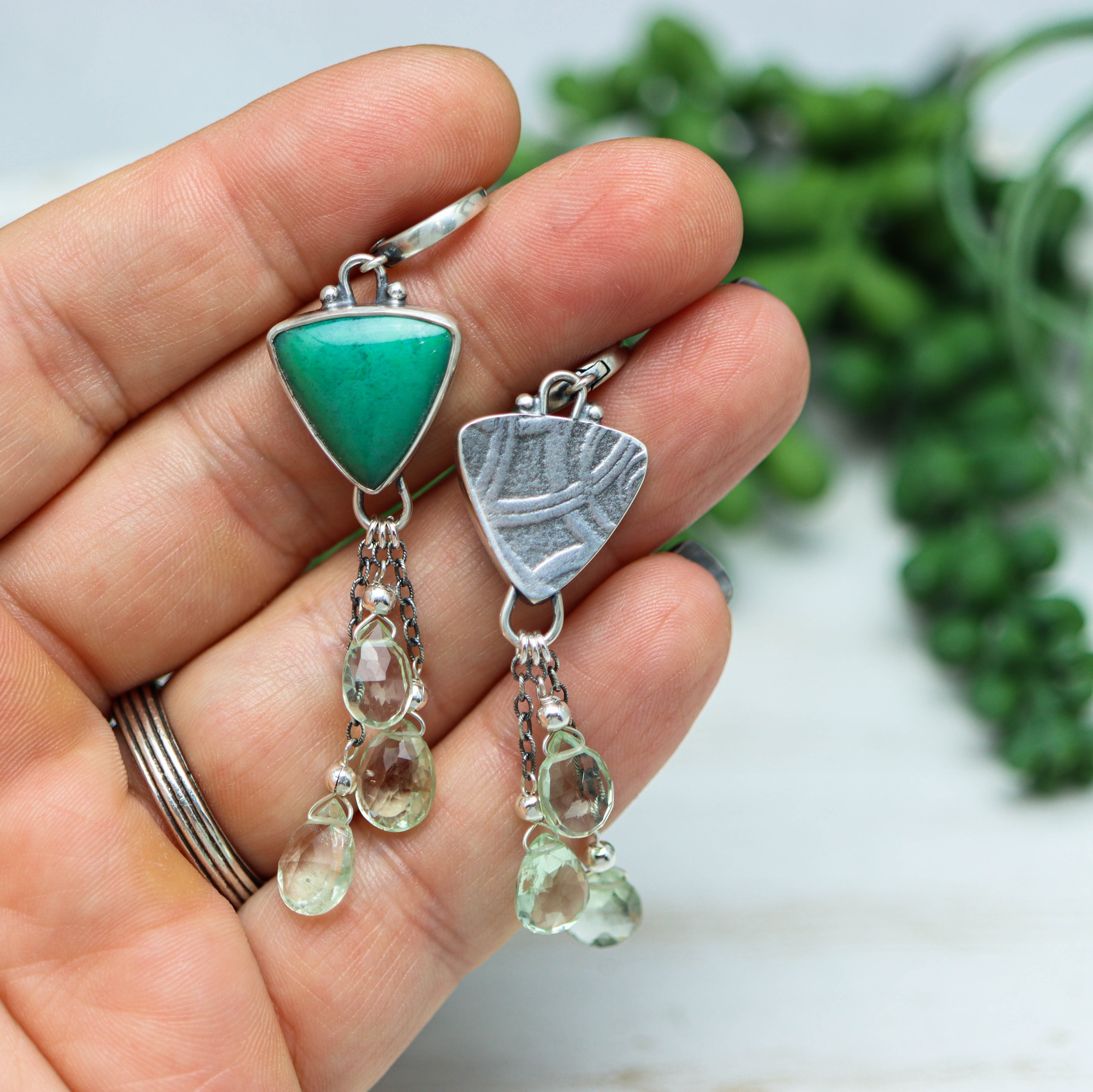 Opalized Chrysocolla and Prasiolite Sterling Silver Earrings