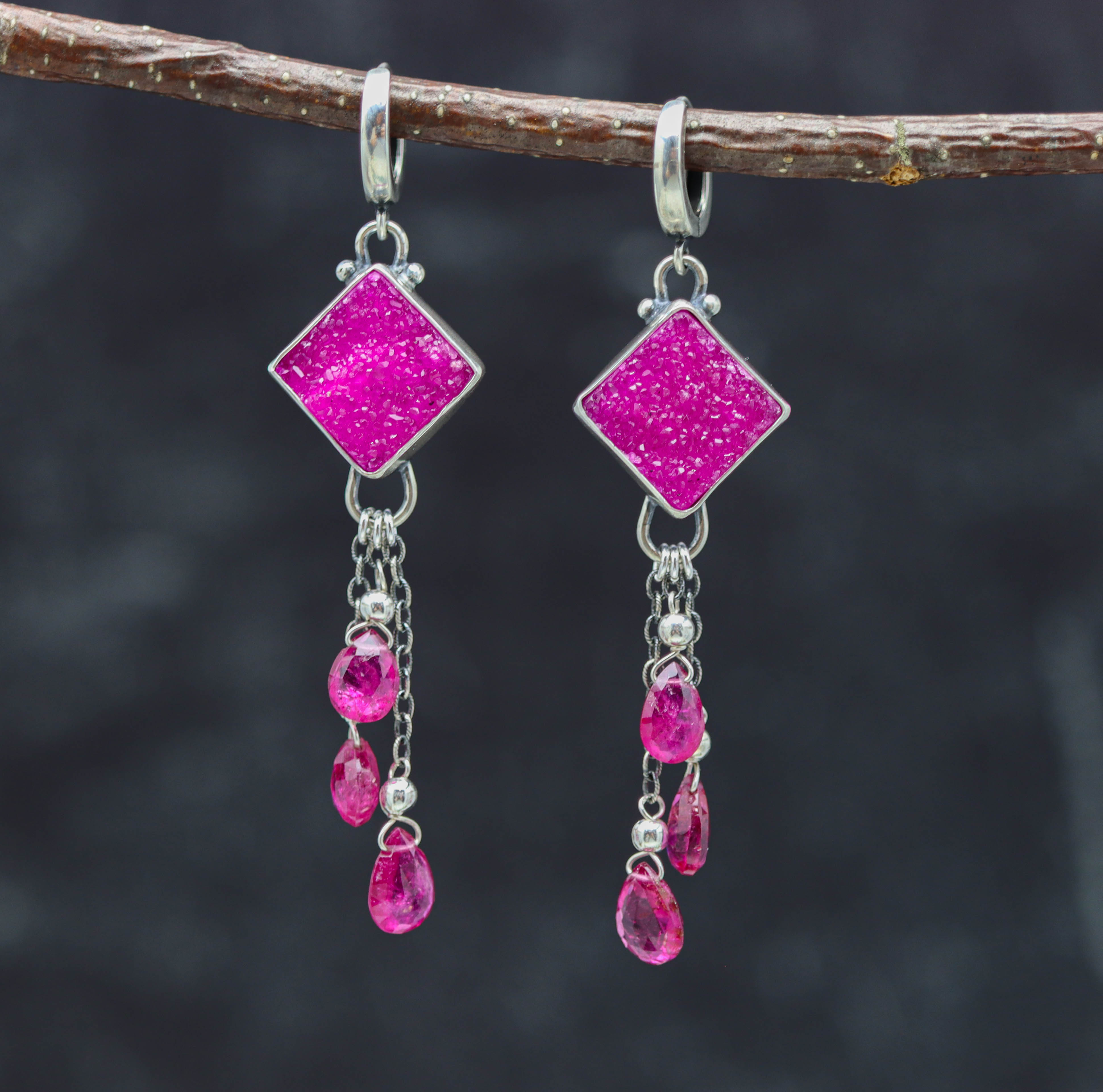 Cobalto Calcite and Rubelite Tourmaline Sterling Silver Dangle Earrings