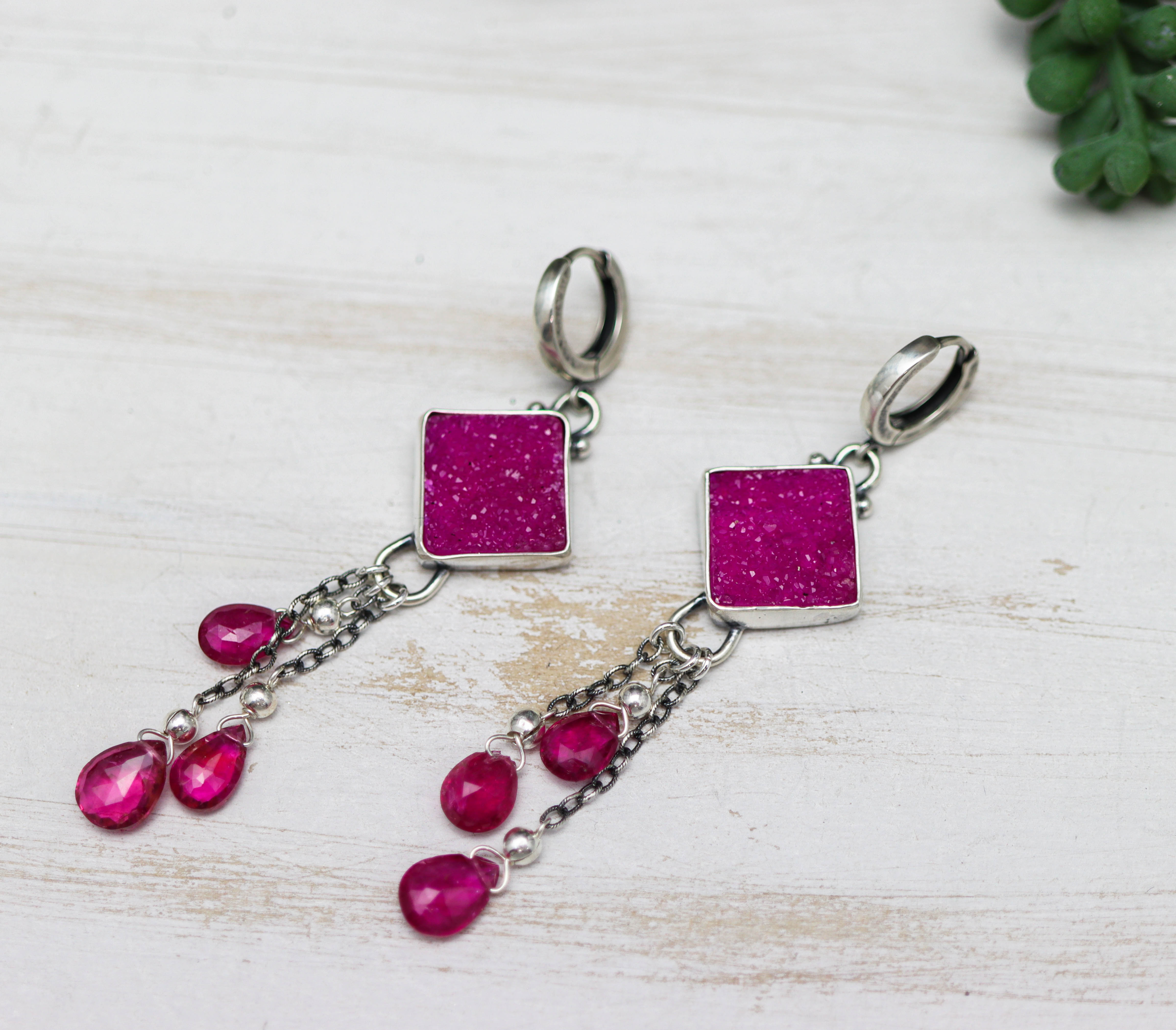 Cobalto Calcite and Rubelite Tourmaline Sterling Silver Dangle Earrings
