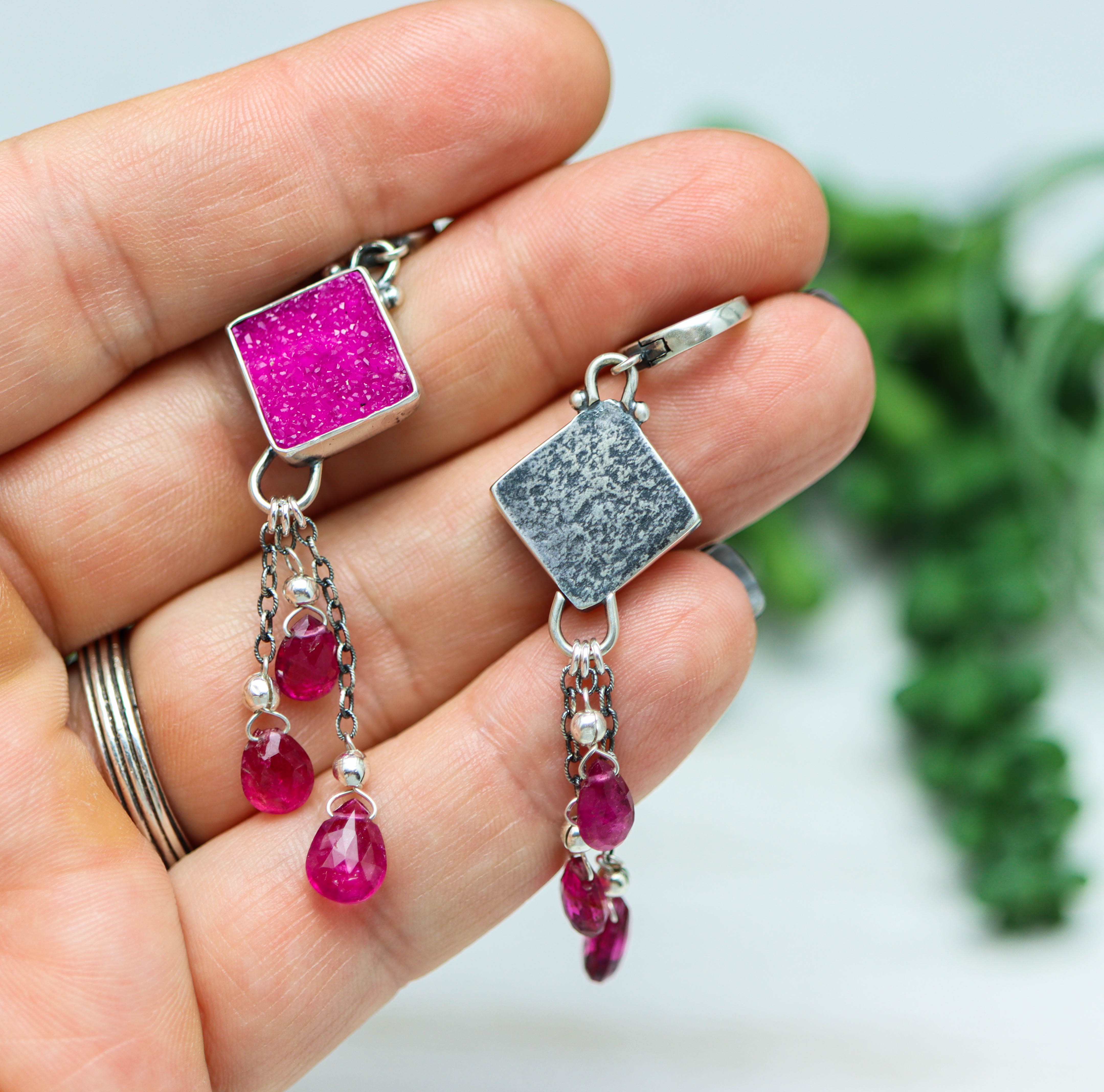 Cobalto Calcite and Rubelite Tourmaline Sterling Silver Dangle Earrings
