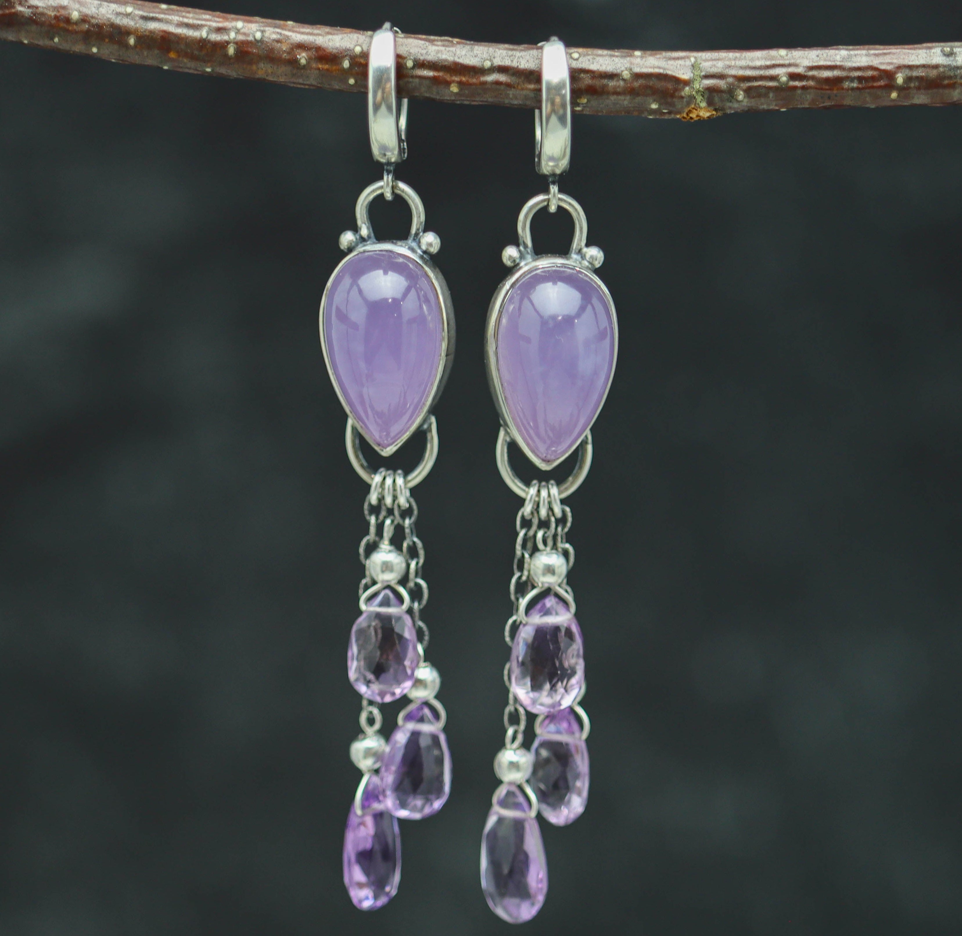 Purple Chalcedony and Amethyst Sterling Silver Dangle Earrings