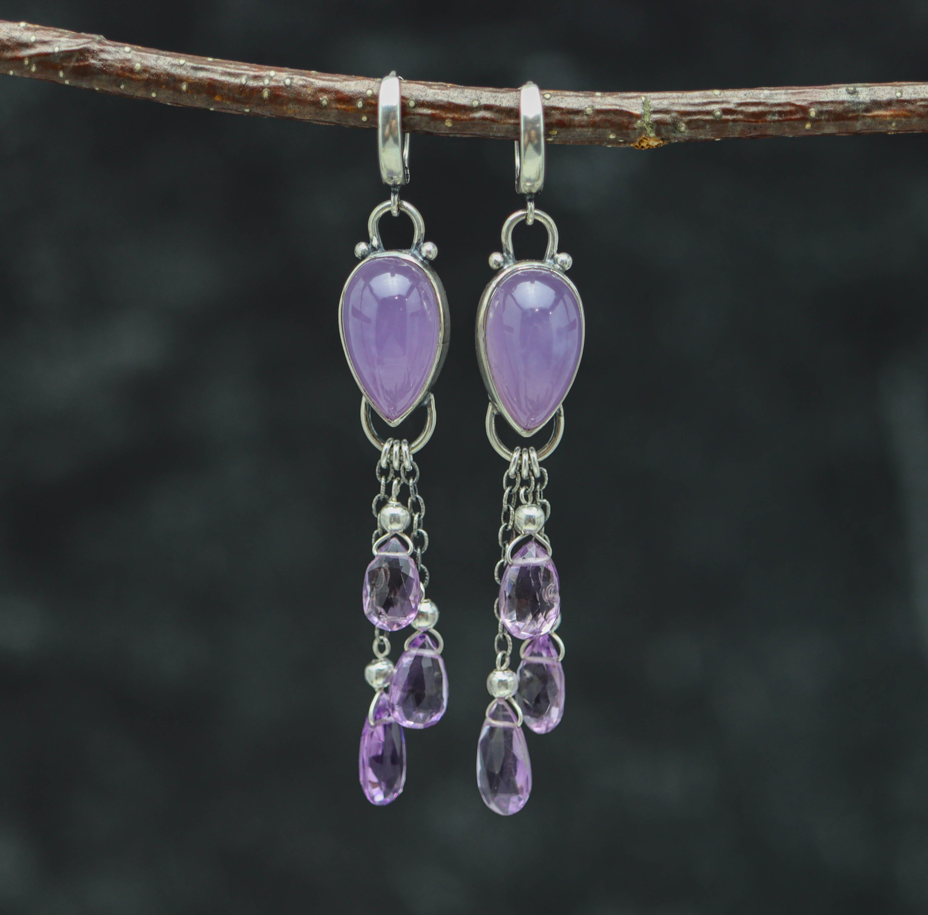 Purple Chalcedony and Amethyst Sterling Silver Dangle Earrings