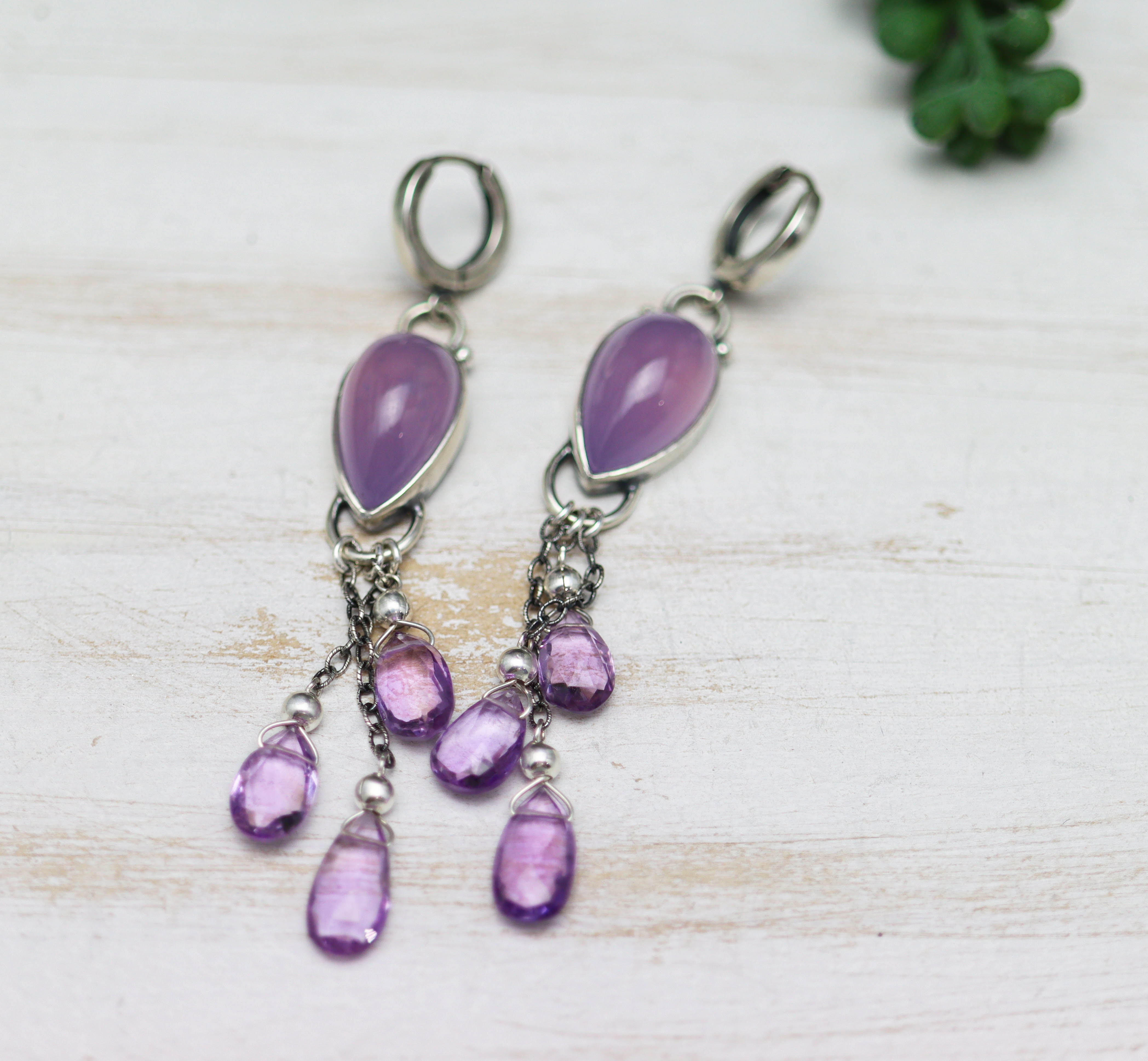 Purple Chalcedony and Amethyst Sterling Silver Dangle Earrings