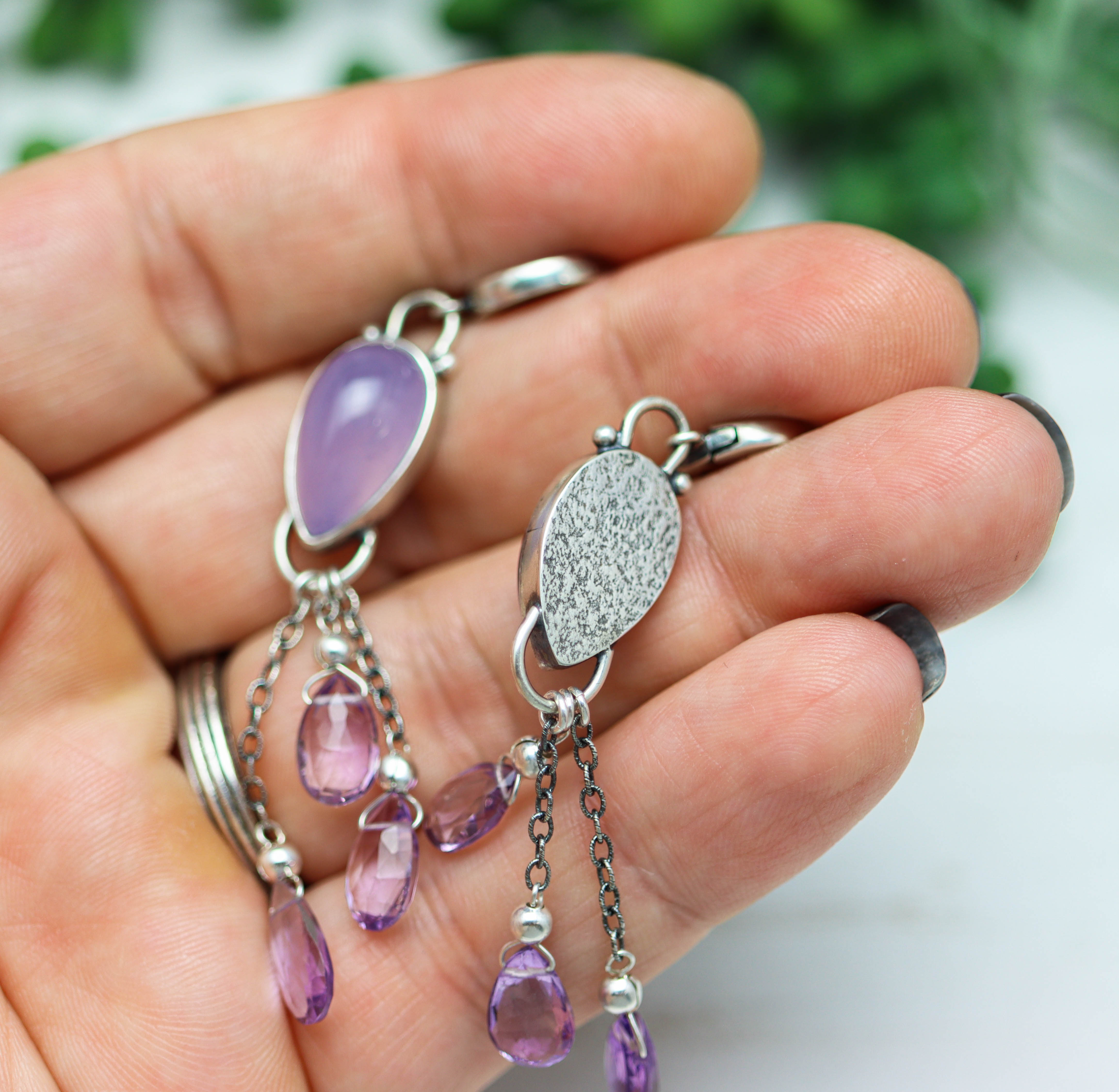 Purple Chalcedony and Amethyst Sterling Silver Dangle Earrings
