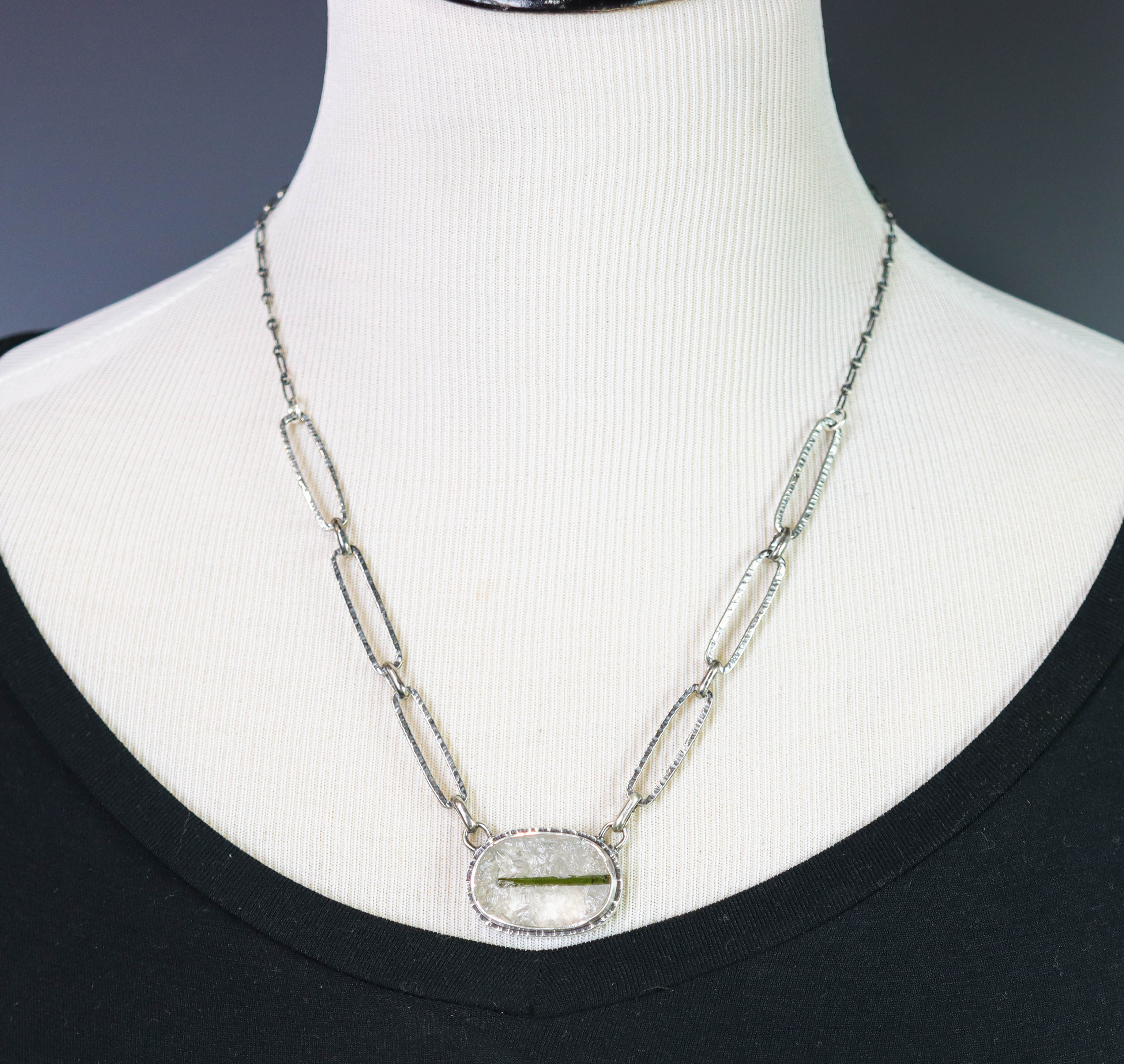 Green Tourmaline in Quartz Pendant Necklace in Sterling Silver