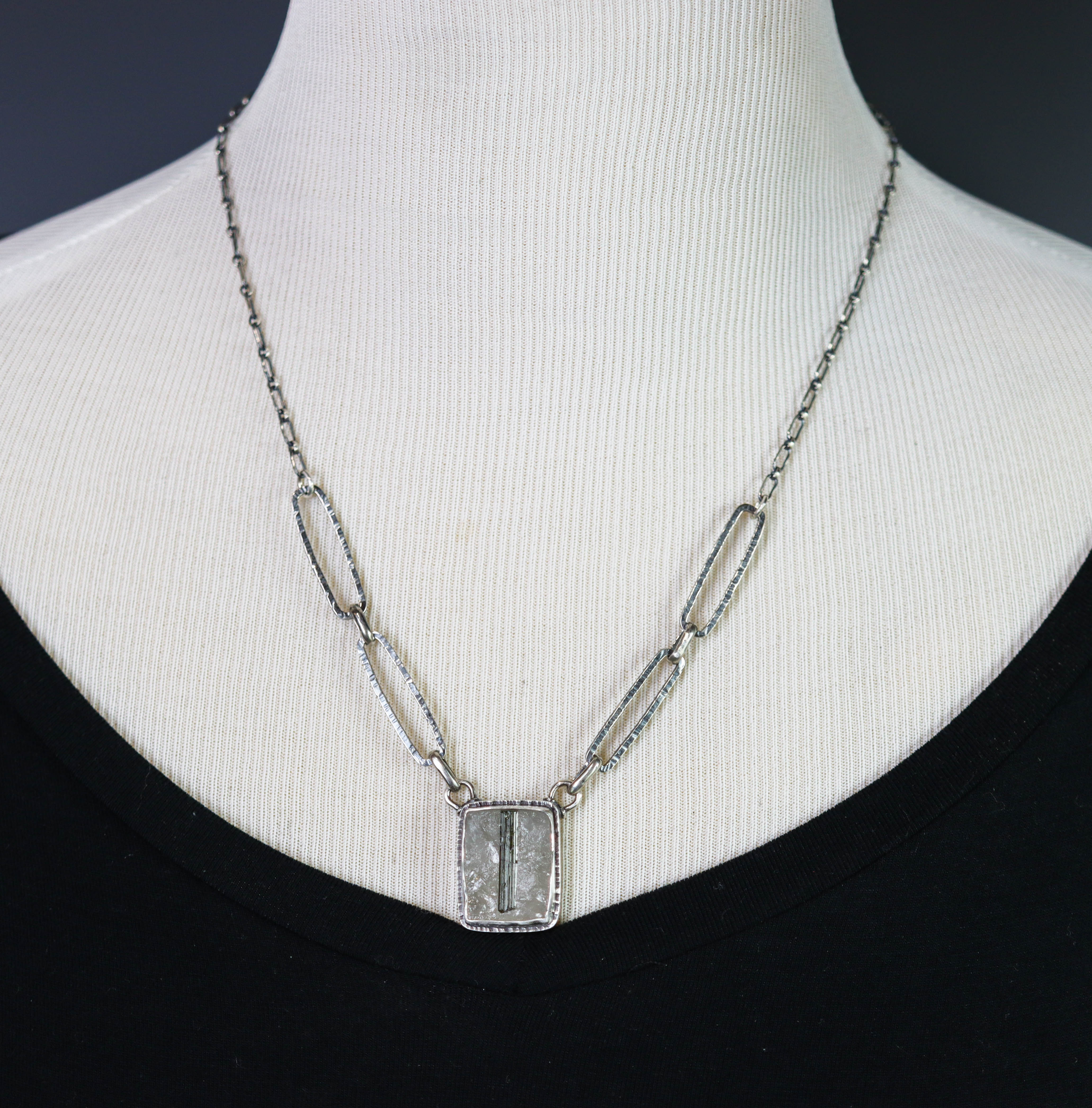 Green Tourmaline in Quartz Pendant Necklace in Sterling Silver