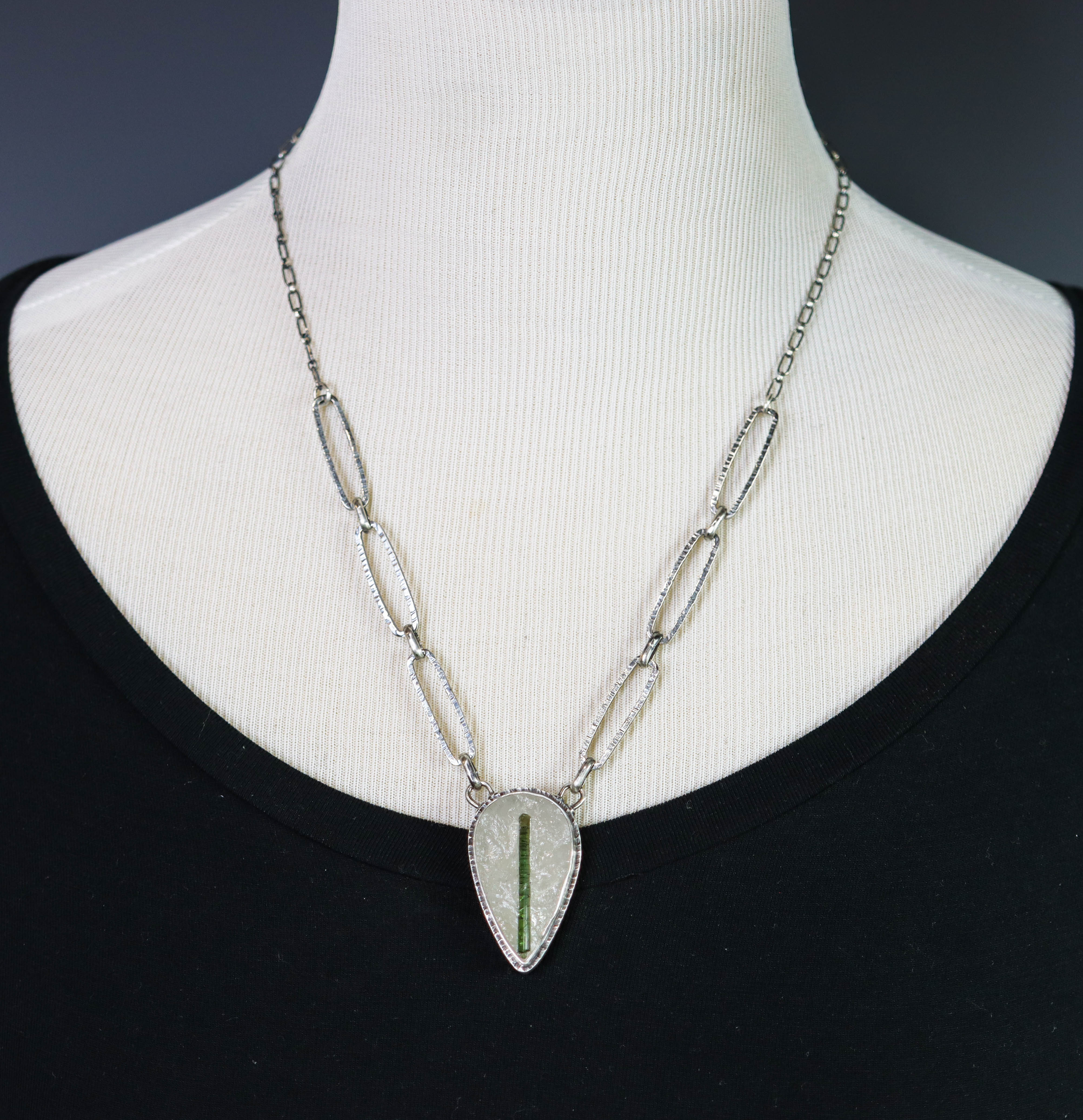Green Tourmaline in Quartz Pendant Necklace in Sterling Silver