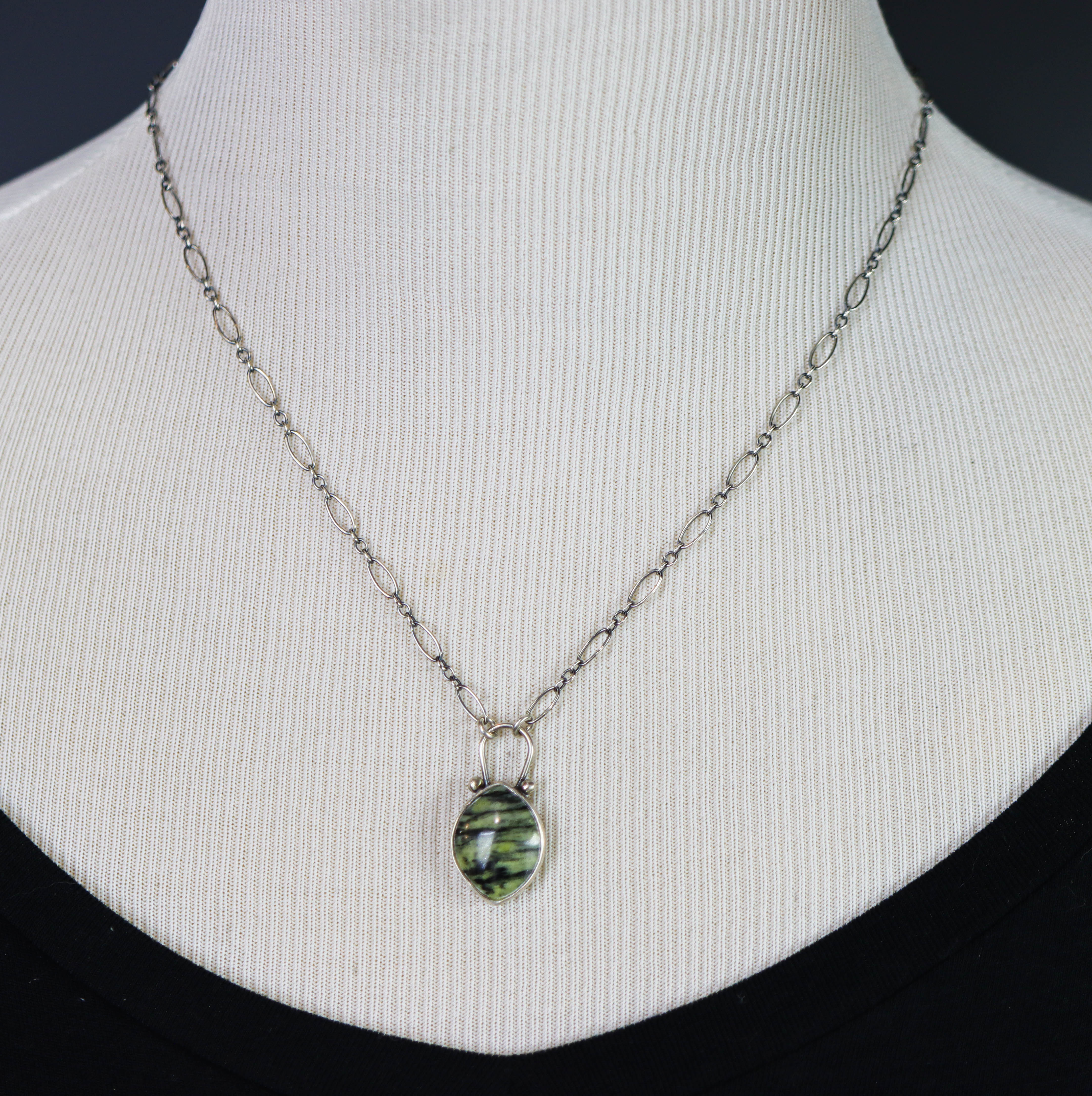 Green Serpentine Pendant Sterling Silver One Of a Kind Gemstone Necklace