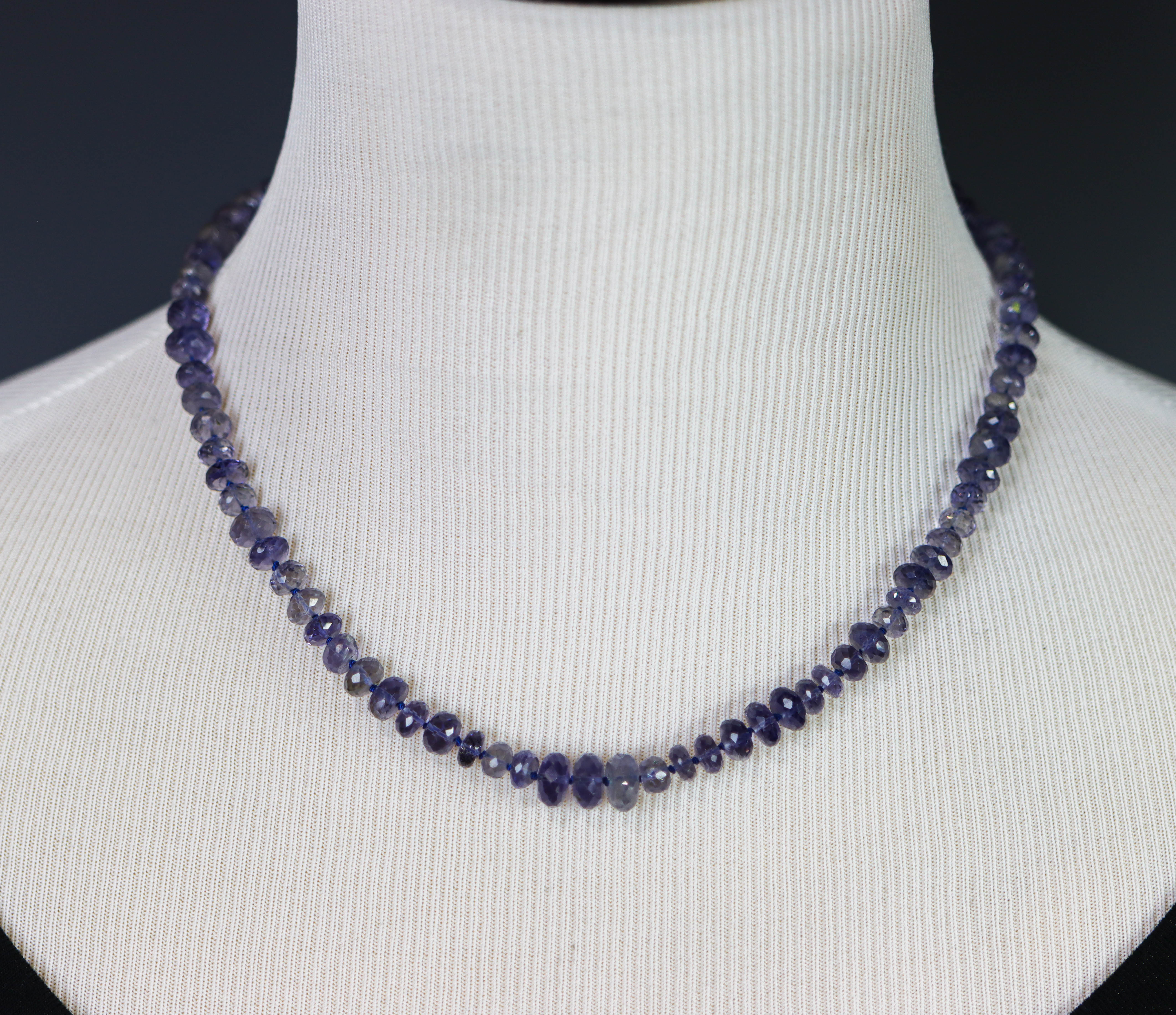 Blue Violet Iolite Hand Knotted Bead Necklace Sterling Silver 19 inch
