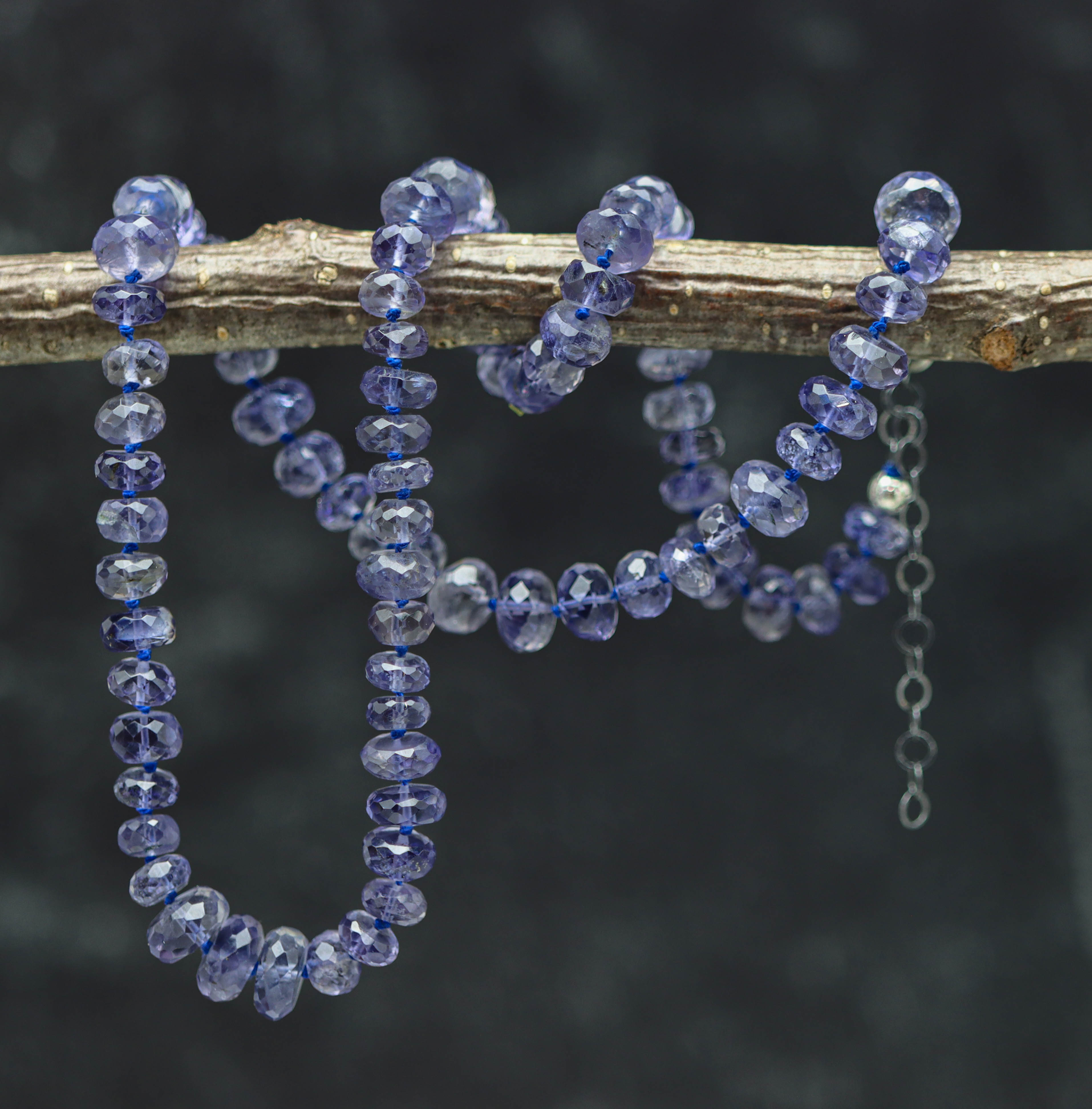 Blue Violet Iolite Hand Knotted Bead Necklace Sterling Silver 19 inch