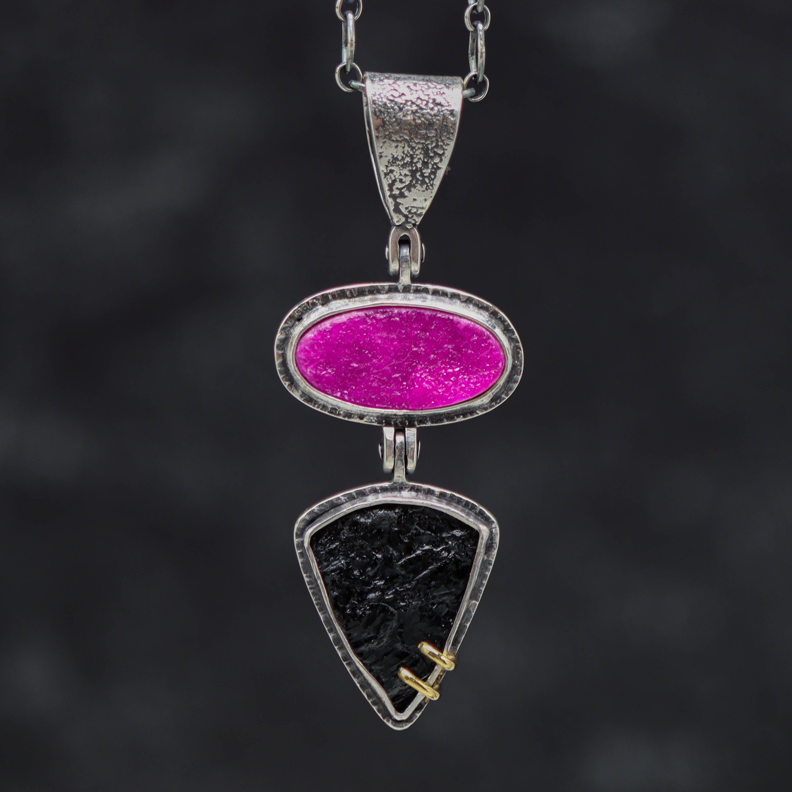 Cobalto Calcite and Black Tourmaline Necklace Sterling Silver and 18k Gold