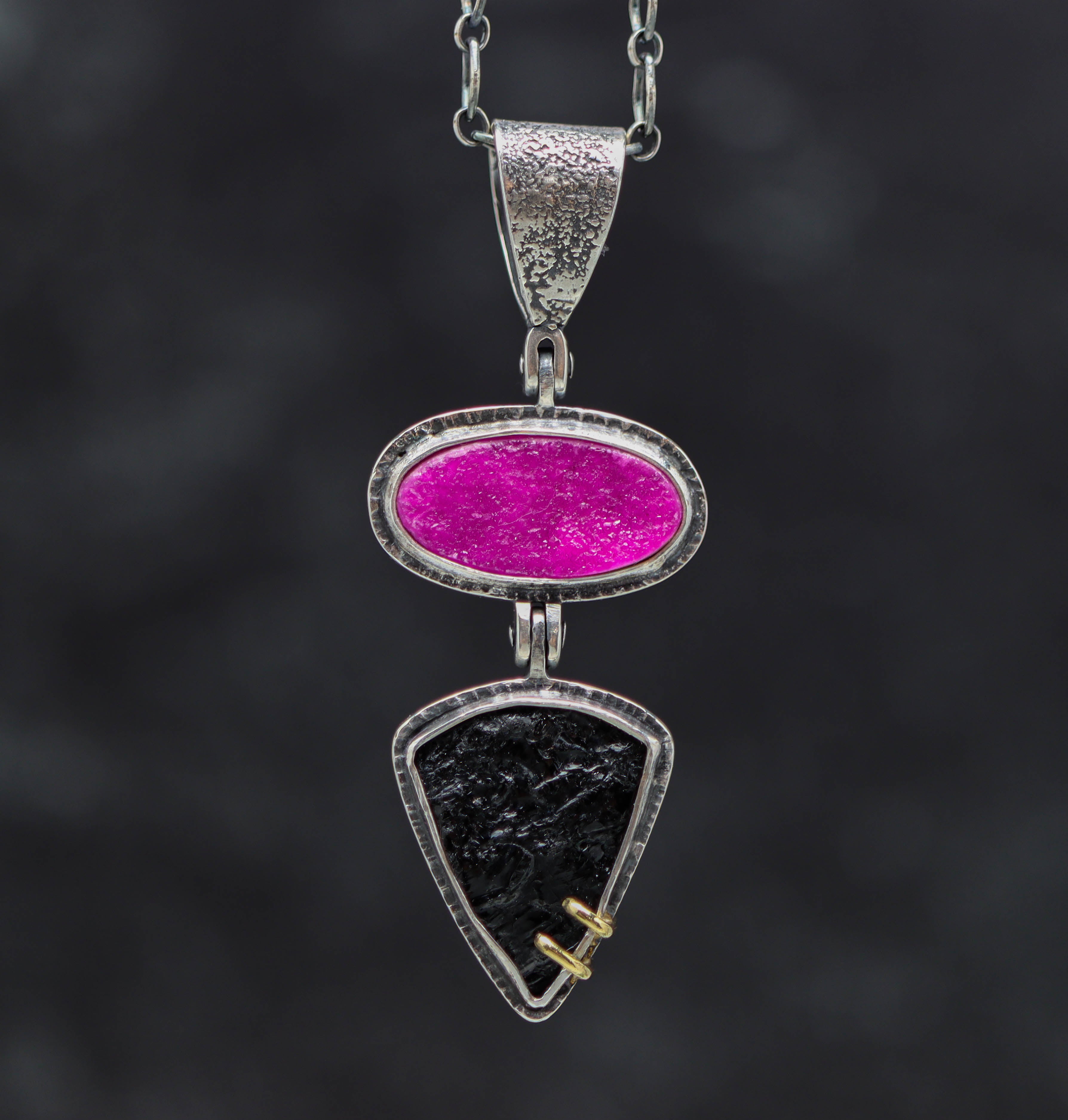Cobalto Calcite and Black Tourmaline Necklace Sterling Silver and 18k Gold