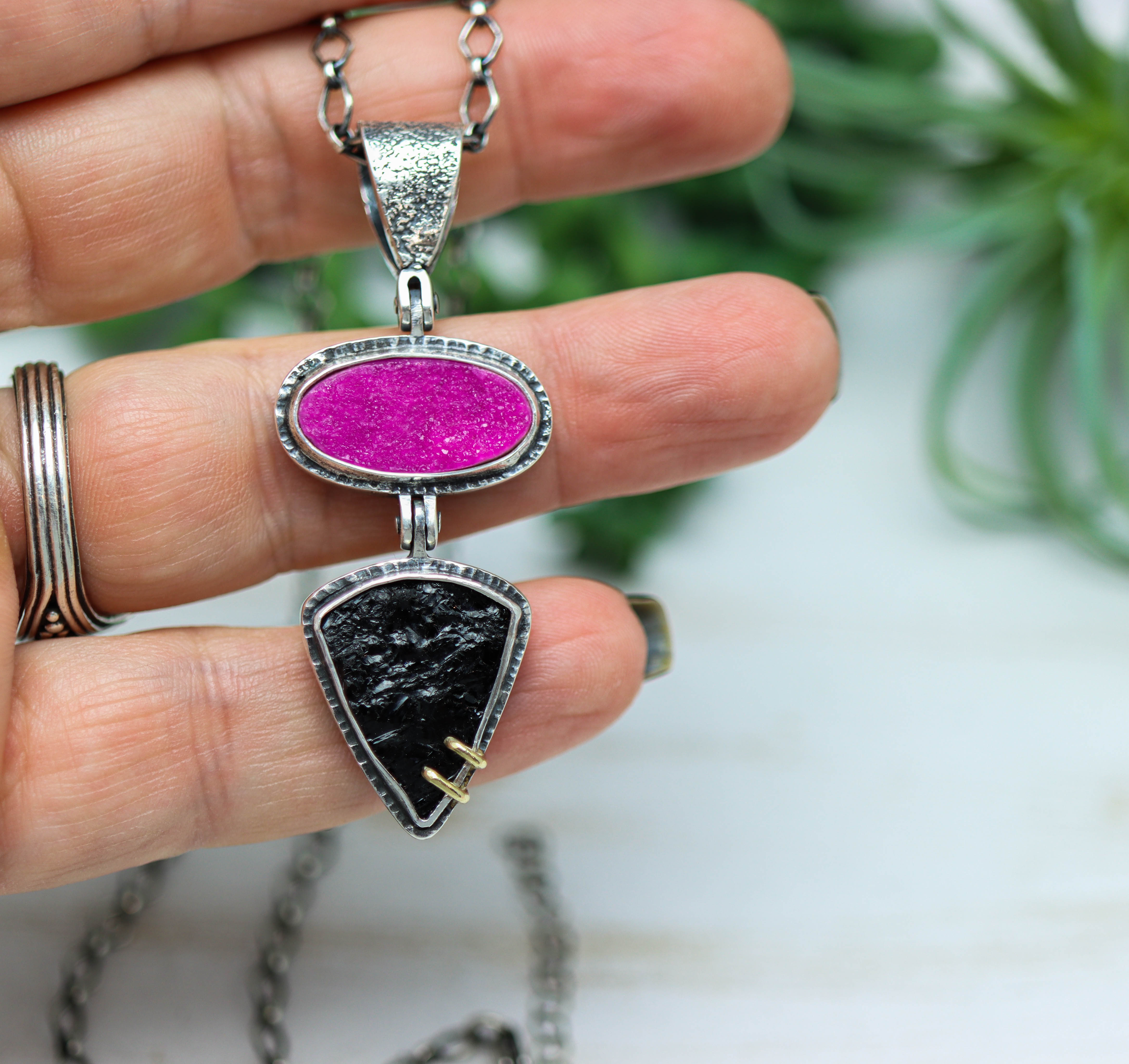 Cobalto Calcite and Black Tourmaline Necklace Sterling Silver and 18k Gold