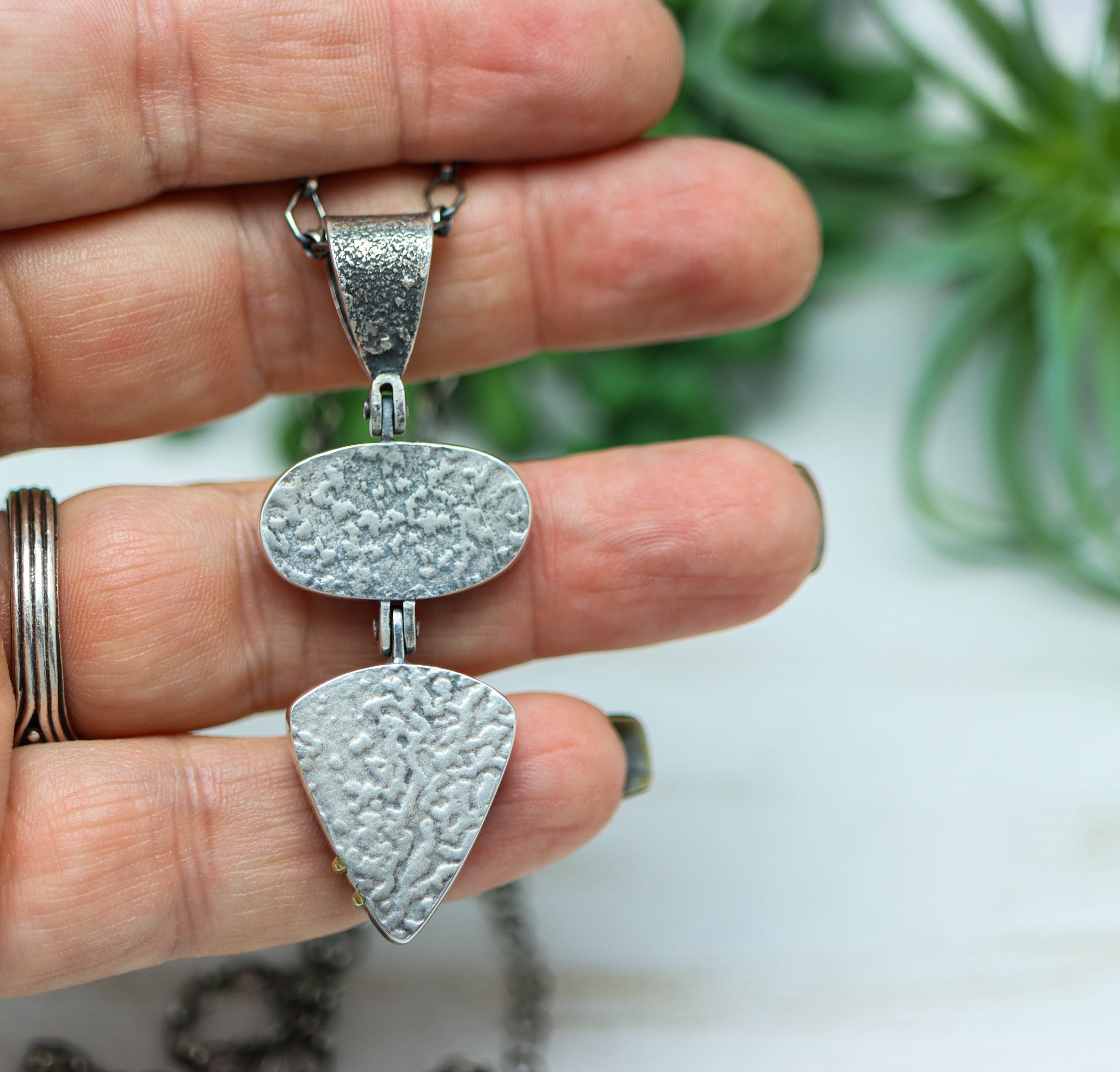 Cobalto Calcite and Black Tourmaline Necklace Sterling Silver and 18k Gold