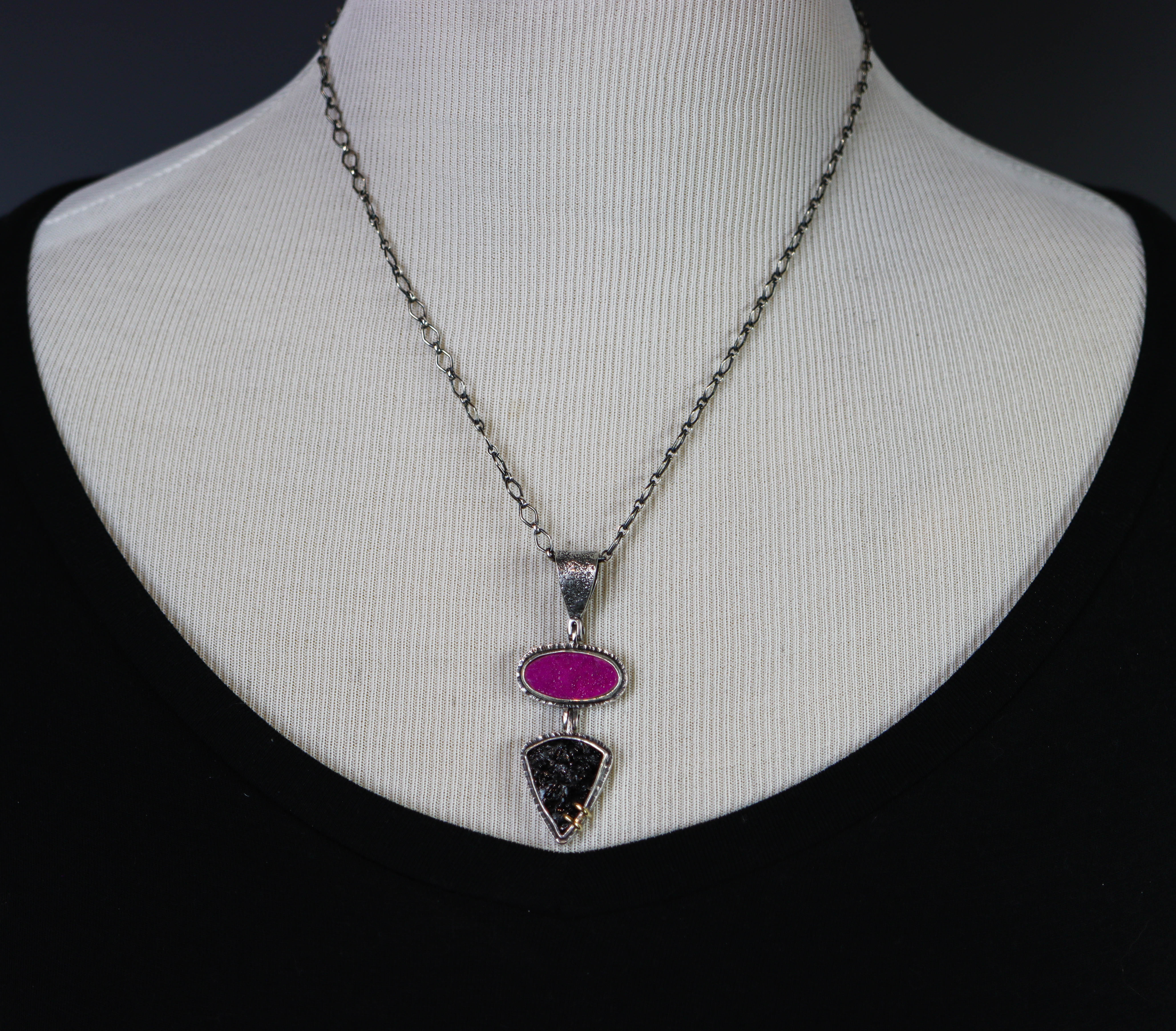 Cobalto Calcite and Black Tourmaline Necklace Sterling Silver and 18k Gold